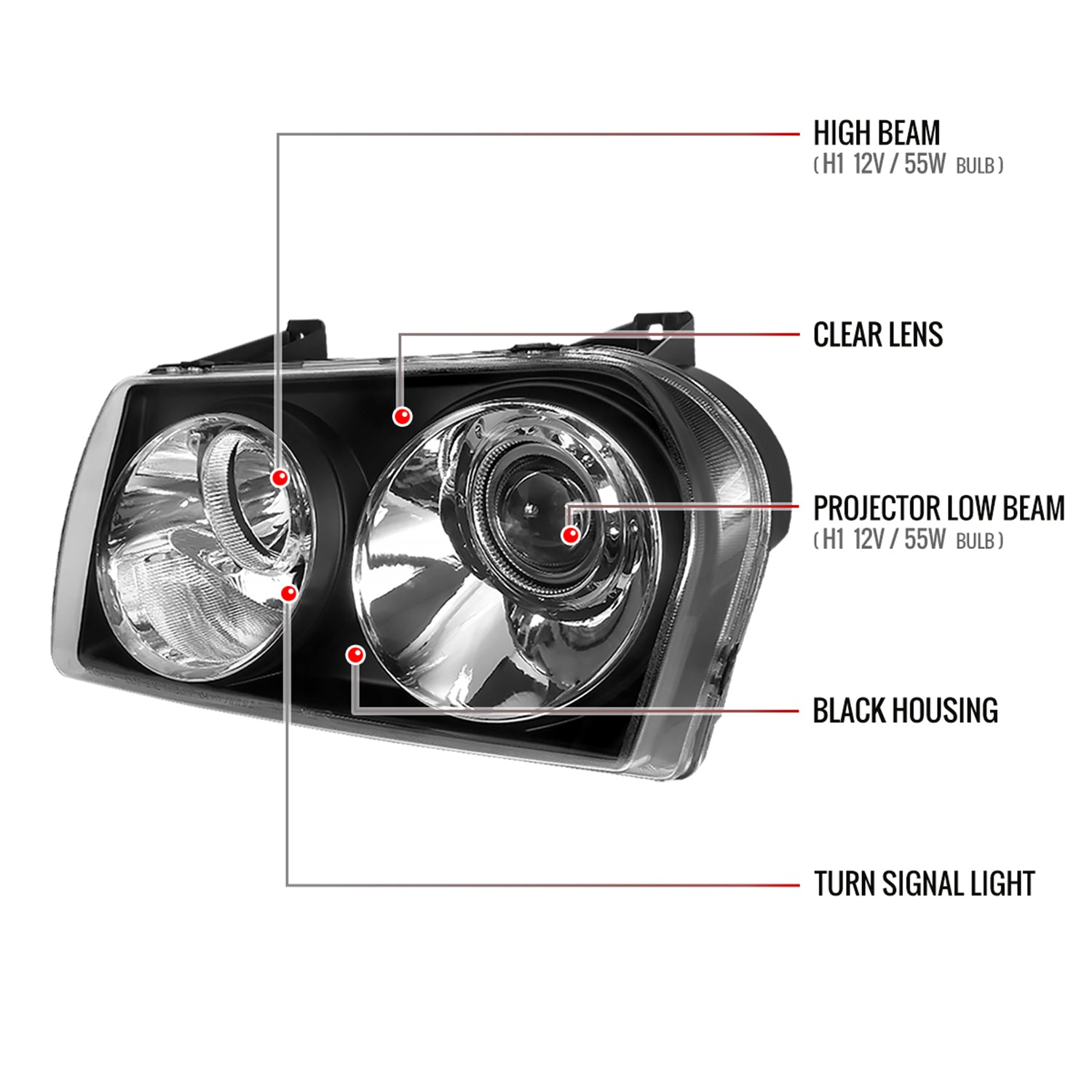 2005-2010 Chrysler 300 Base/LX/Touring Projector Headlights Matte Black/Clear