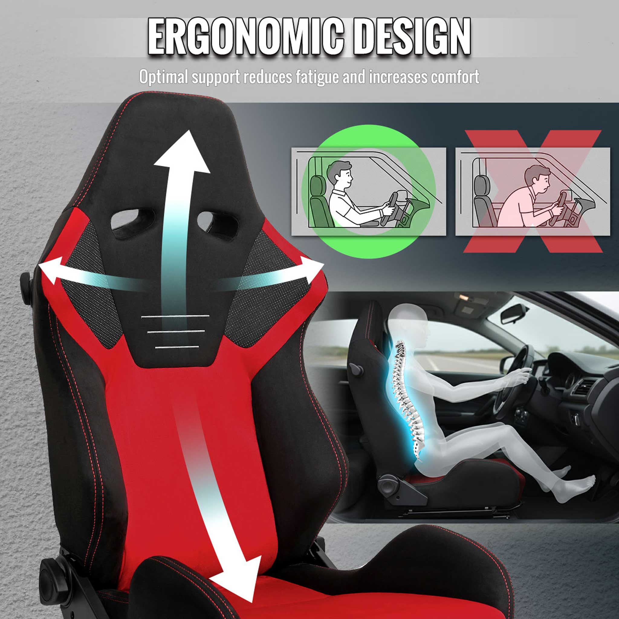 Universal Racing Seat Bright Red Suede Front Black Suede Black Double Red Stitch