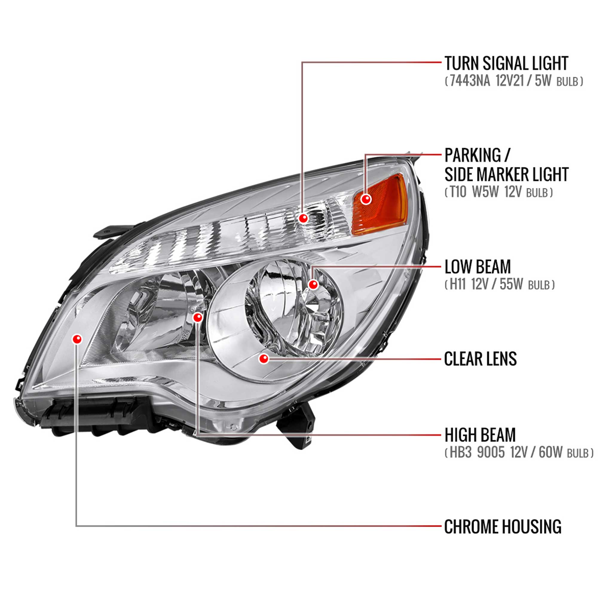 For Chevrolet Equinox 2010-2015 Driver Side Factory Style Headlight Chrome Housing Clear Lens
