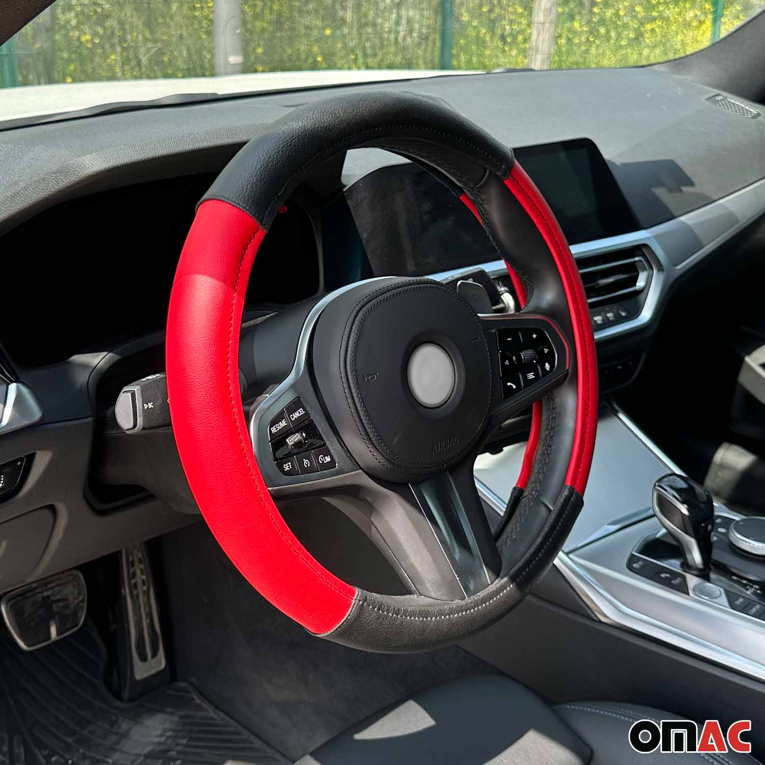 14.5-15.5’’ Steering Wheel Cover Red Black Leather Anti-slip Breathable