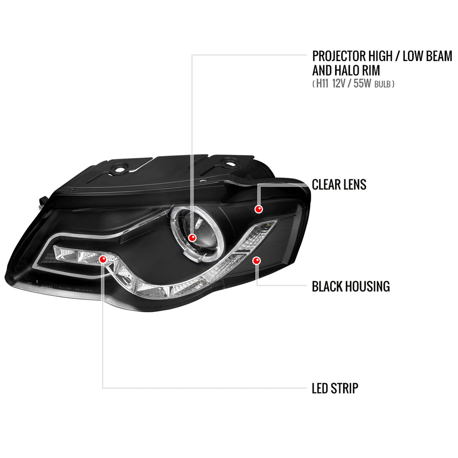 2006-2010 VW Passat Halo Projector Headlights R8 LED Light Strip Matt Black