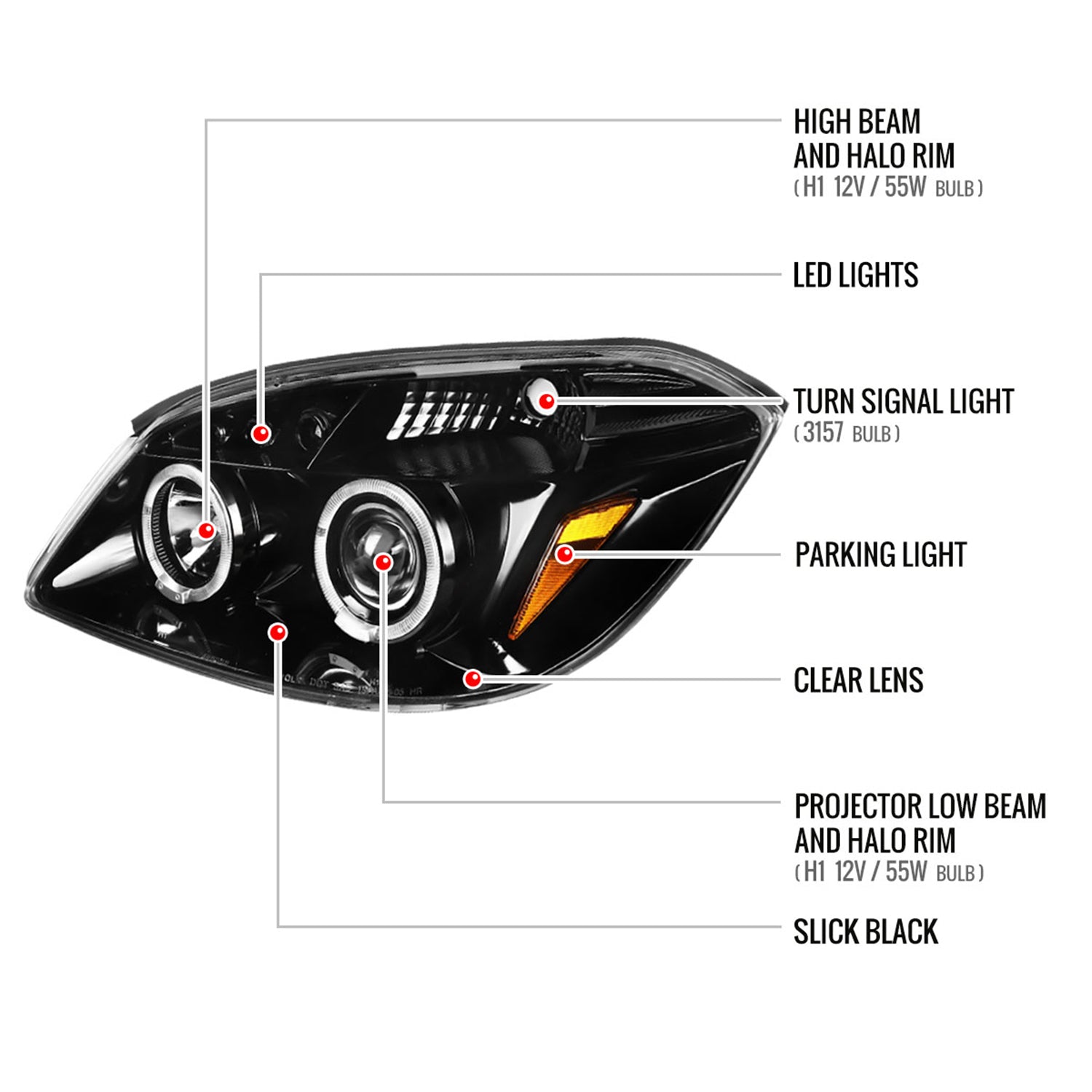2005-2010 Chevy Cobalt Pontiac G5/Pursuit Projector Headlights Jet Black