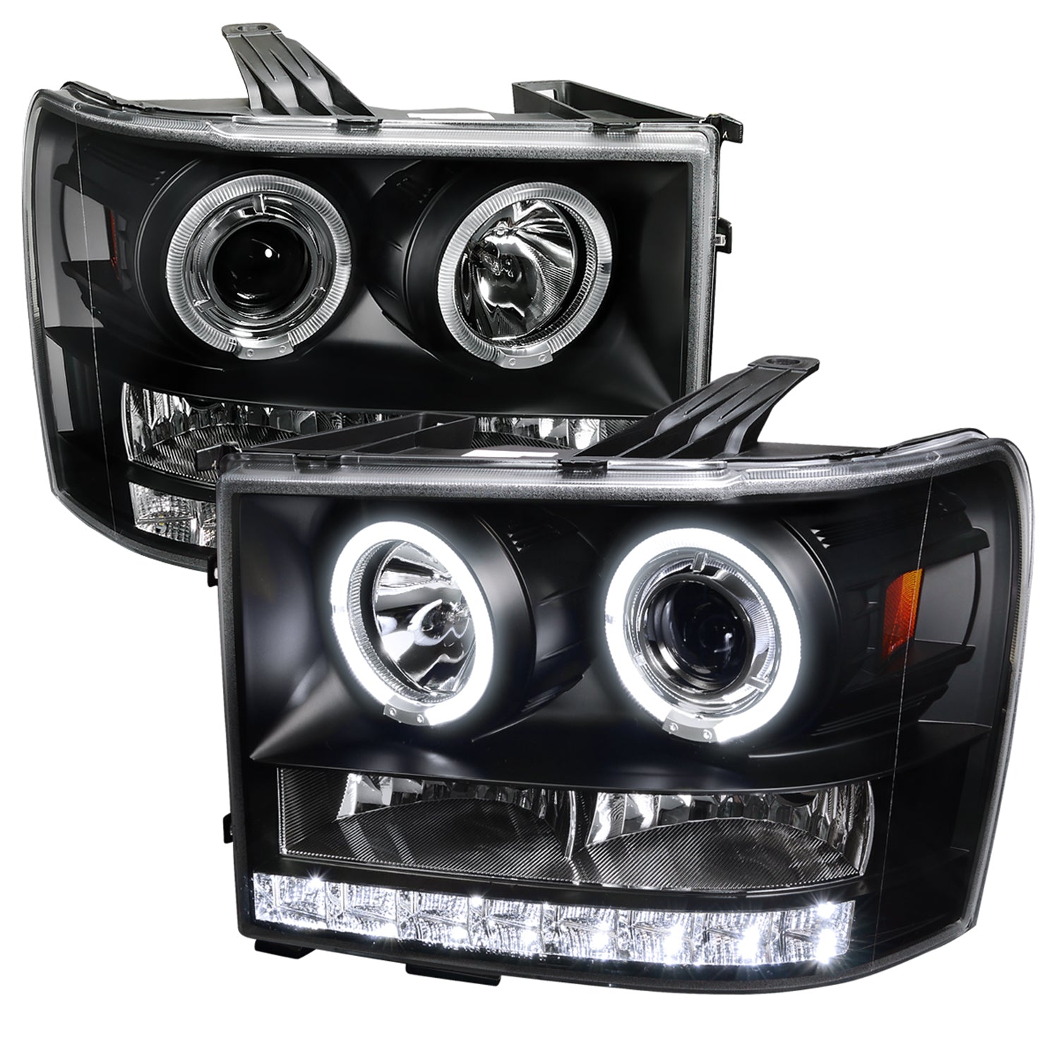 2007-2014 GMC Sierra SMD Dual Halo Projector Headlights Matte Black/Clear Lens