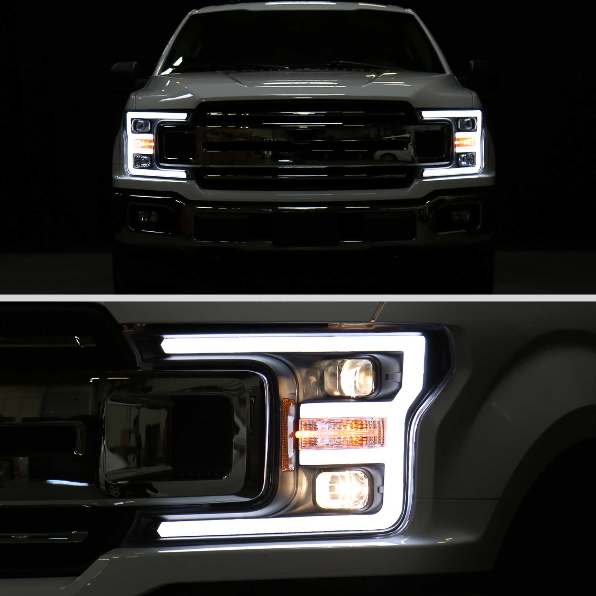 For Ford F-150 2018-2020 LED C Bar Projector Headlights Black Housing Clear Lens