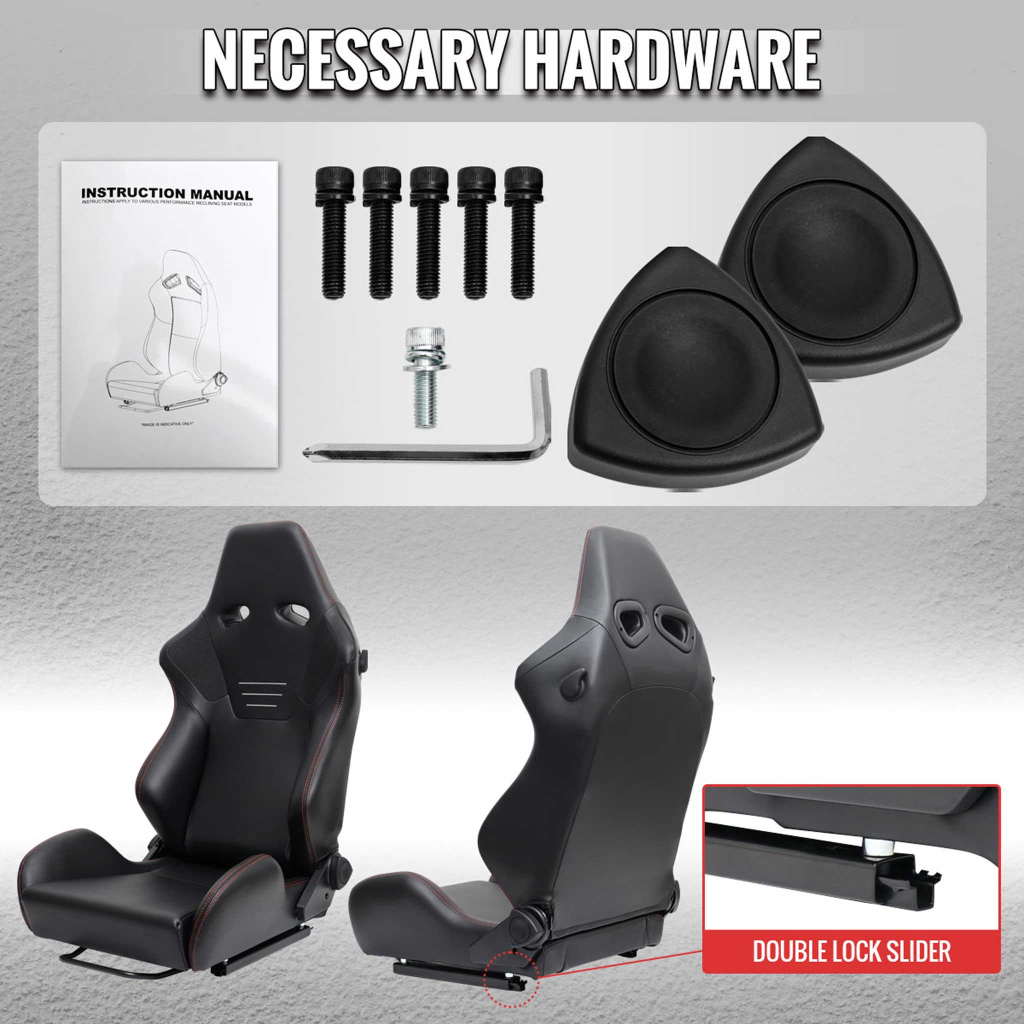 Universal Racing Seat Black Pu Nappa With Double Red Stitch