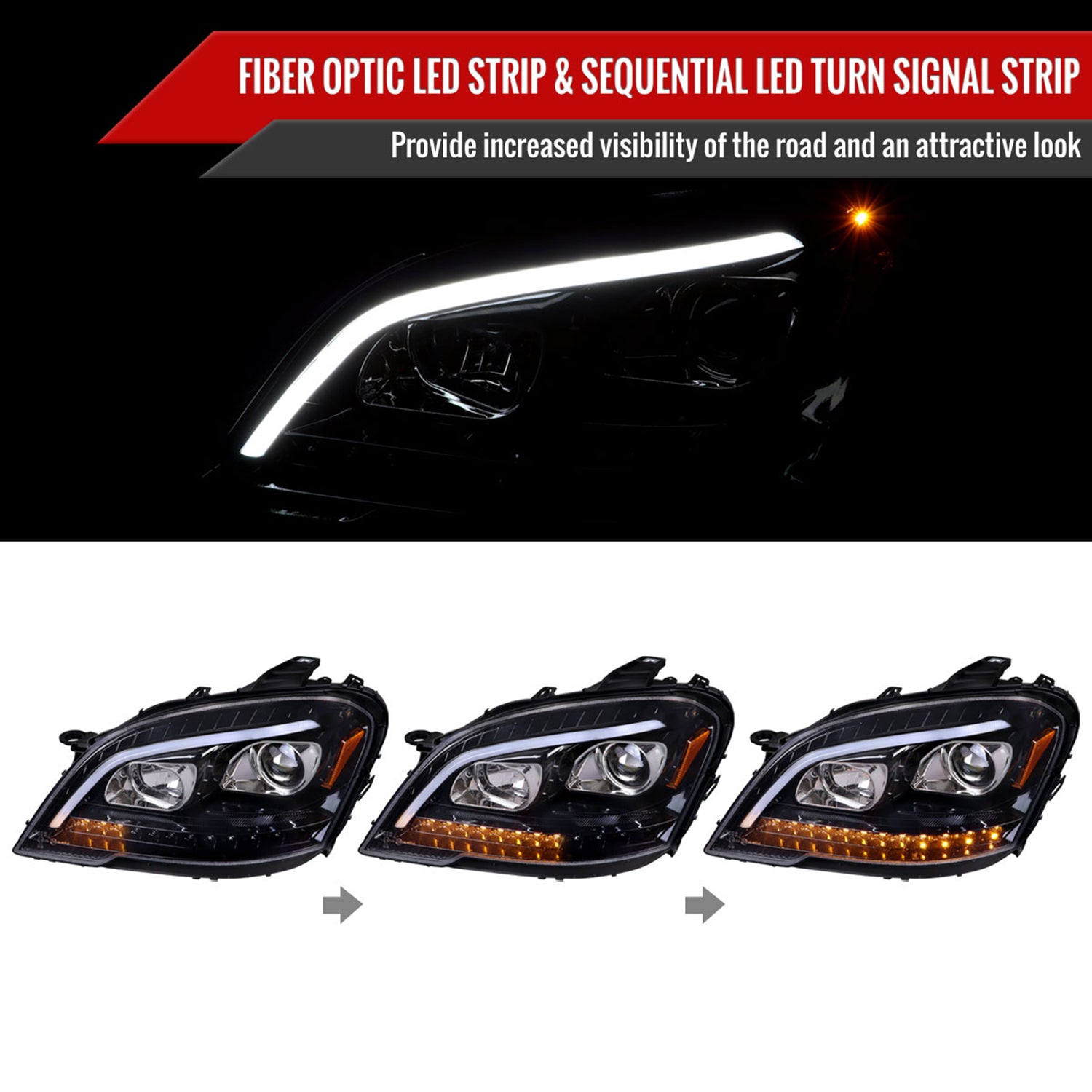 2009-2011 Mercedes Benz W164 ML-Class LED Sequetial Signal Headlights Black