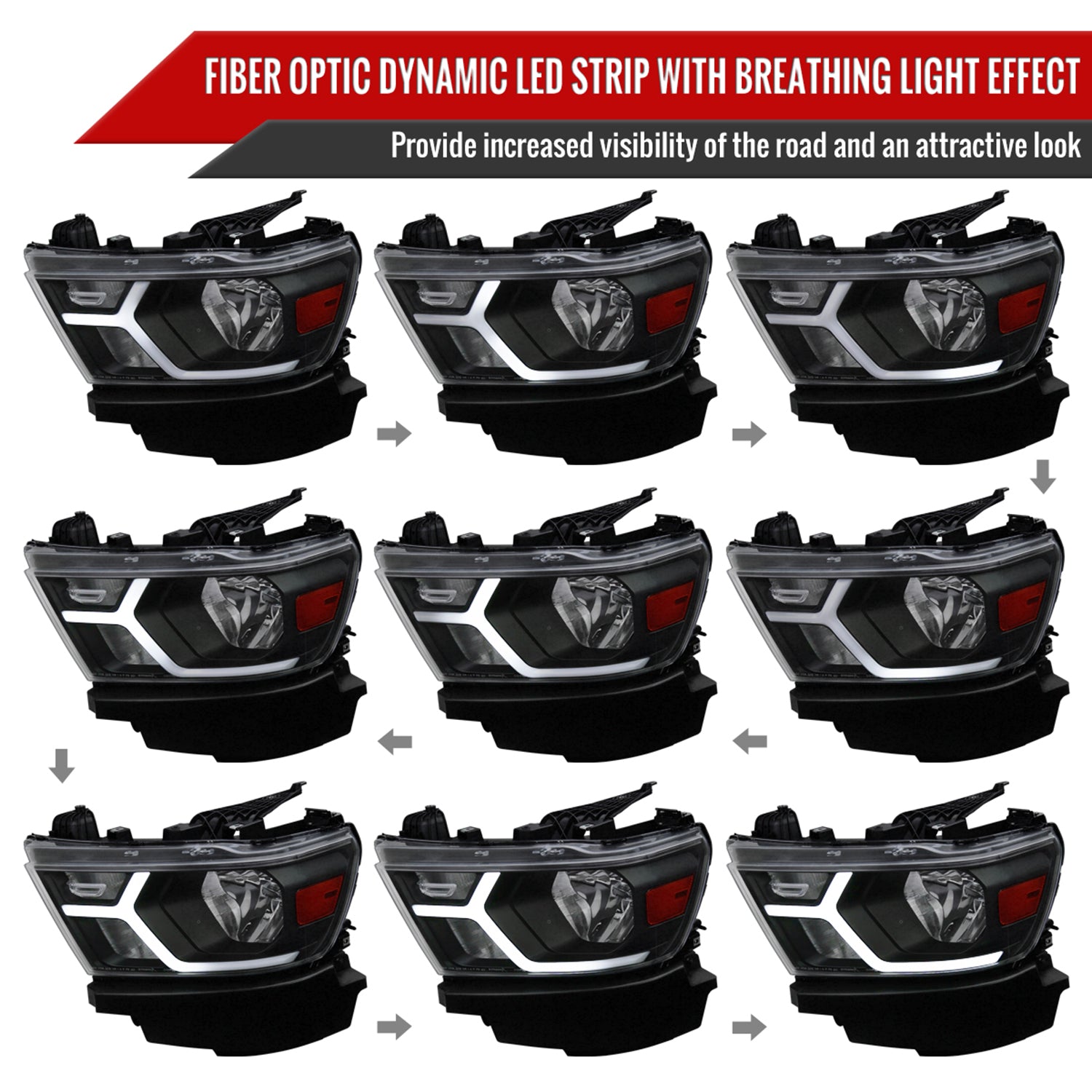 2019-2024 Dodge RAM 1500 Animated LED Bar Factory Headlights Matt Black/Clear