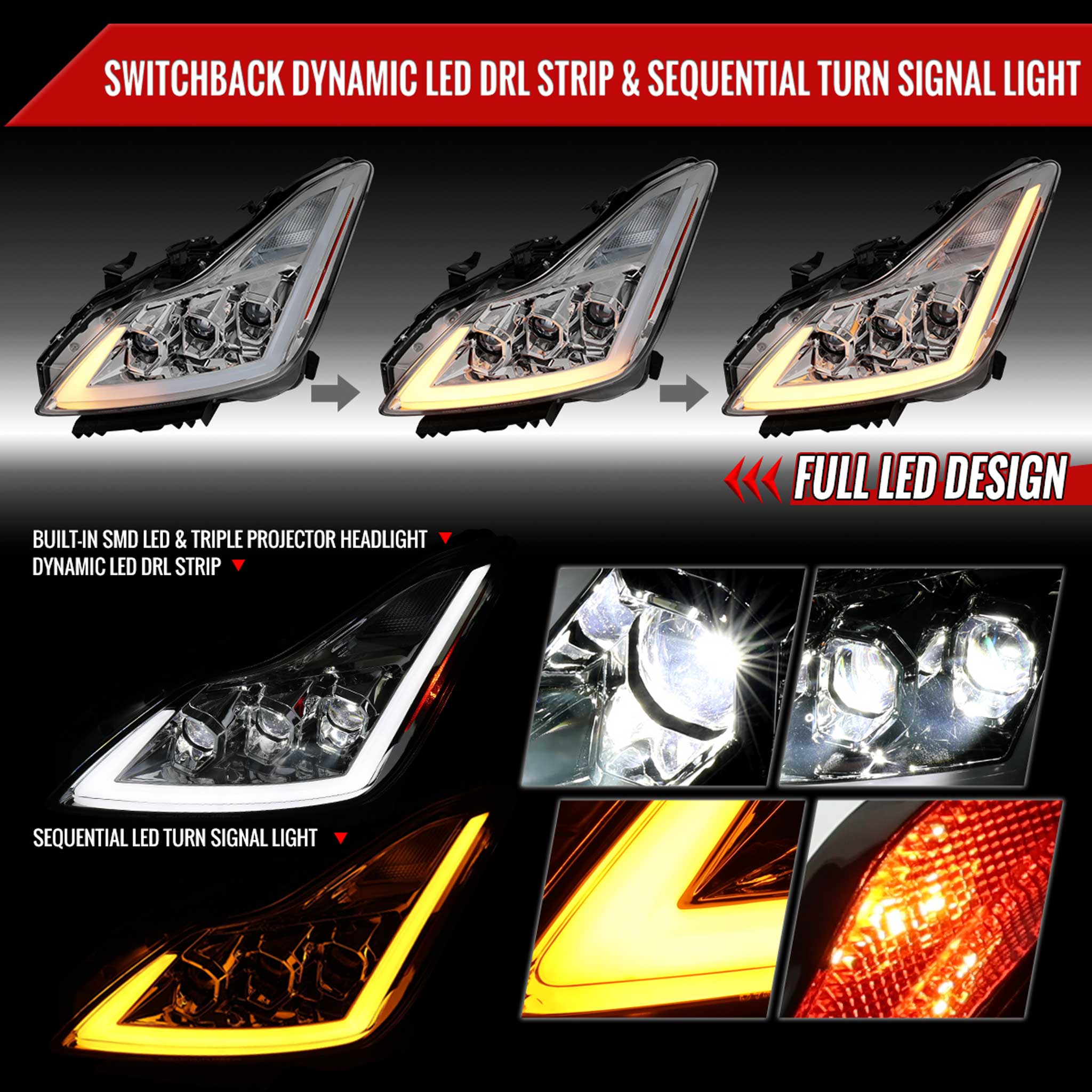 For Infiniti G37 2008-13 / Q60 Coupe 2014-15 LED Triple Projector Headlights Sequential Chrome Housing Clear Lens Switchback