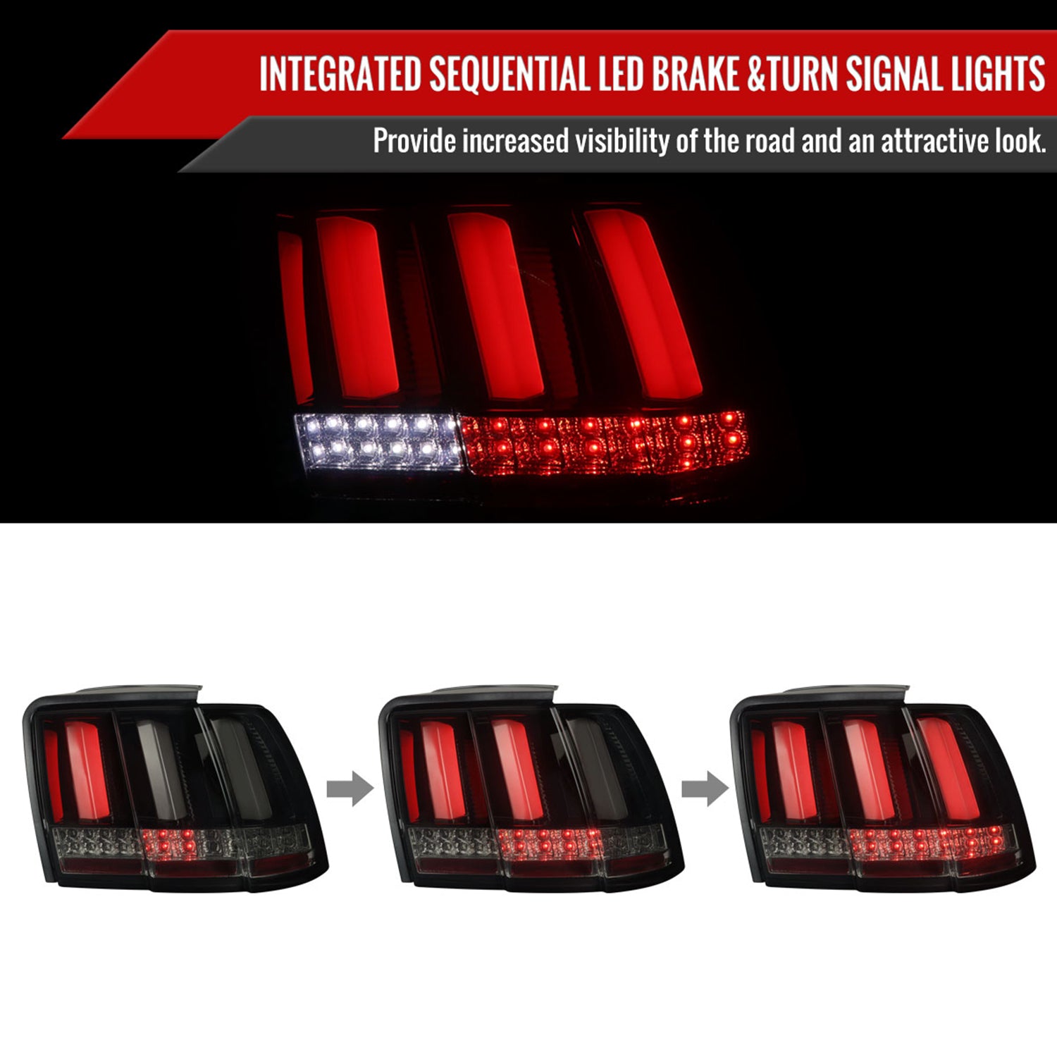 1999-2004 Ford Mustang Sequential LED Tail Lights Glossy Black/Smoke Lens