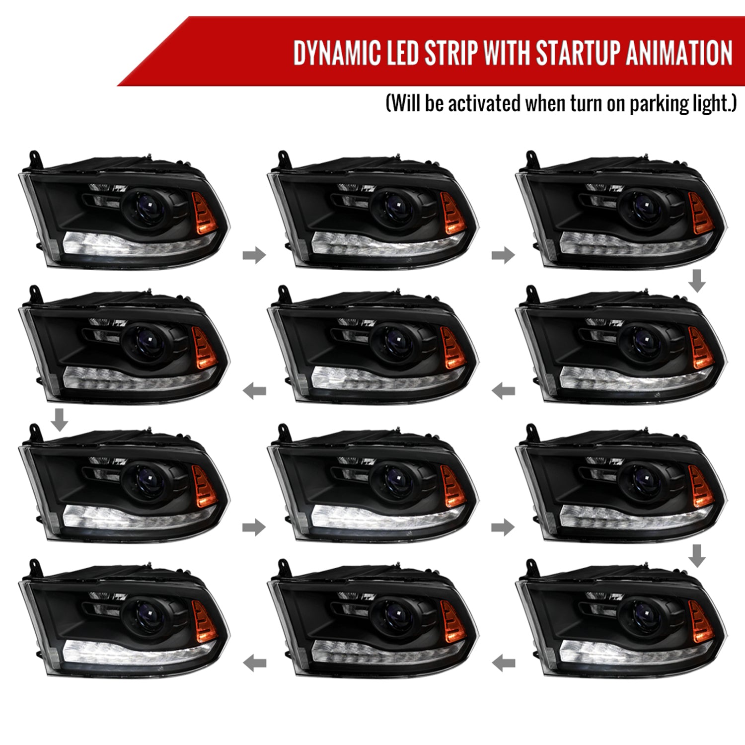 2013-2018 RAM 1500 2500 3500 LED Bar Signal Projector Headlights Black