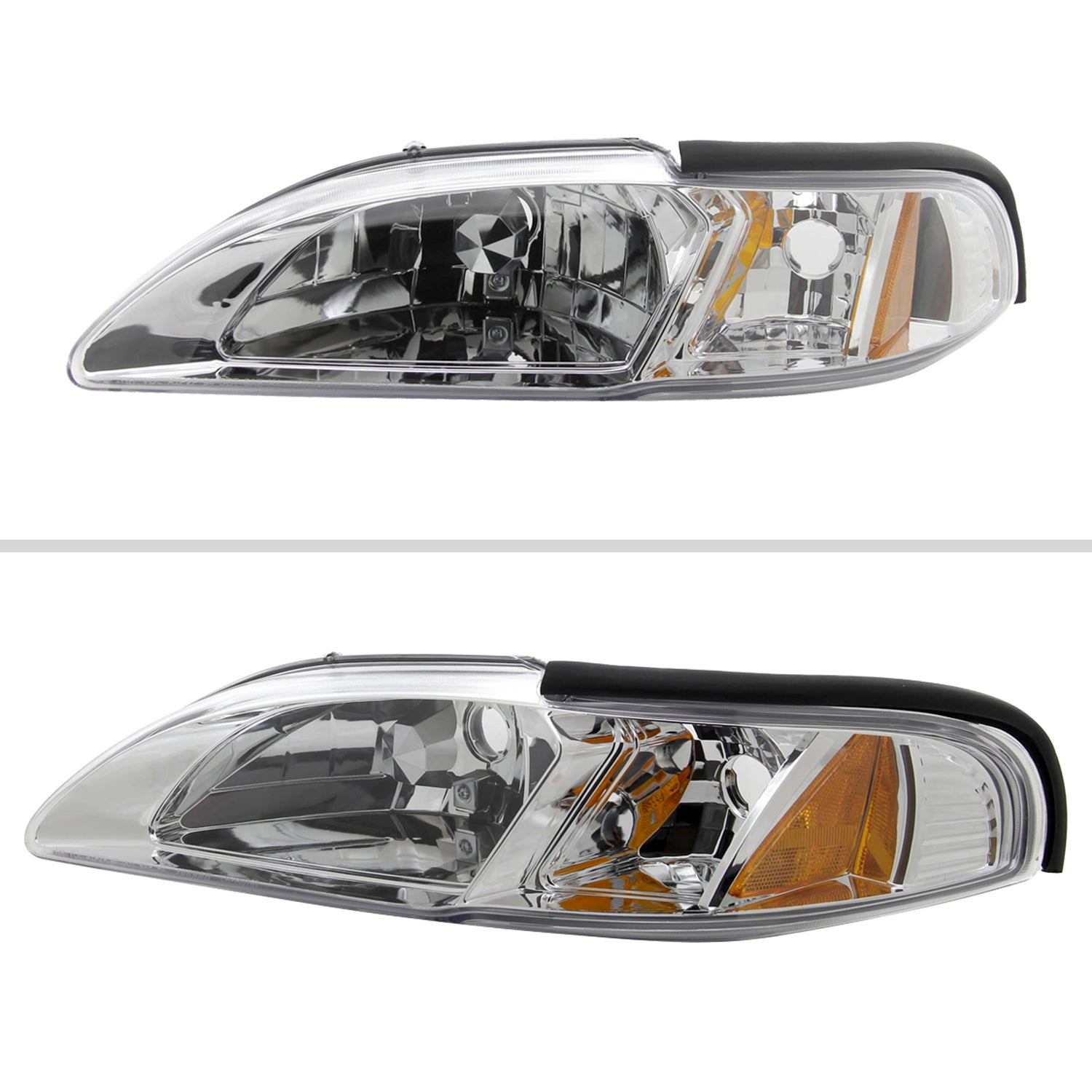 1994-1998 Ford Mustang 1PC Crystal Headlights w/Amber Reflectors Chrome/Clear