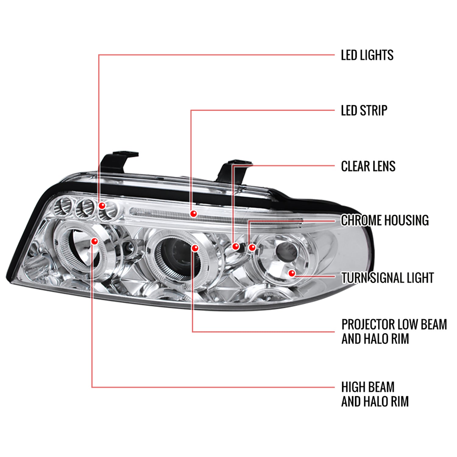 1999-2001 Audi A4/S4 Dual Halo Projector Headlights Chrome/Clear Lens