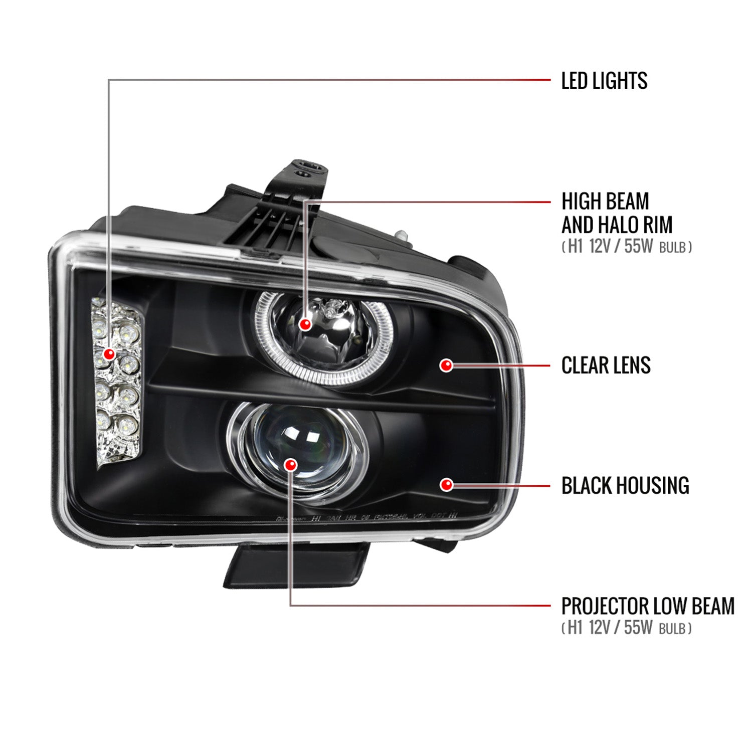 2005-2009 Ford Mustang Halo Projector Headlights LED Light Strip Matt Black