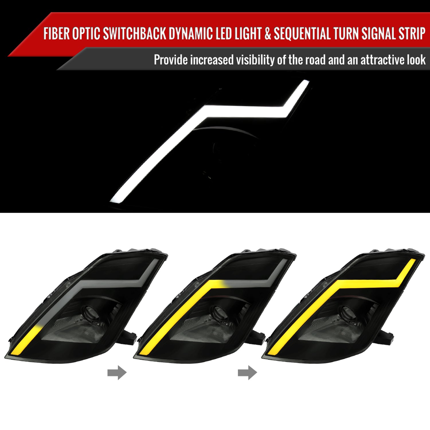 2003-2005 Nissan 350Z Turn Signal Animated LED Bar Projector Headlights Smoke