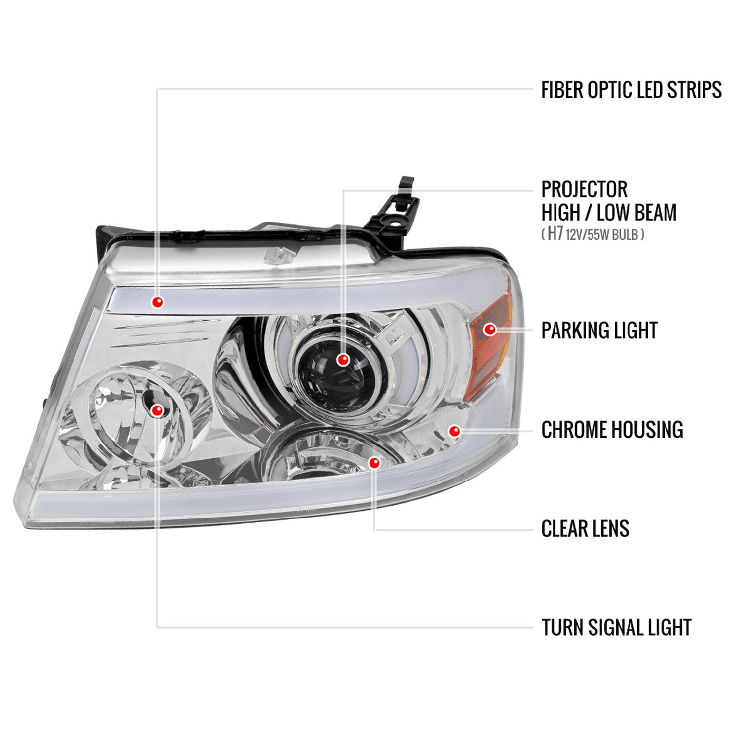 2004-2008 Ford F-150/06-2008 Lincoln Mark LT Projector Headlights LED Bar Amber