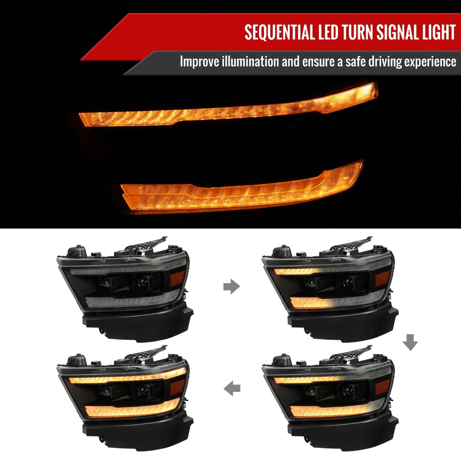 2019-2024 Dodge RAM 1500 Sequential LED Turn Signal Projector Headlights Smoke