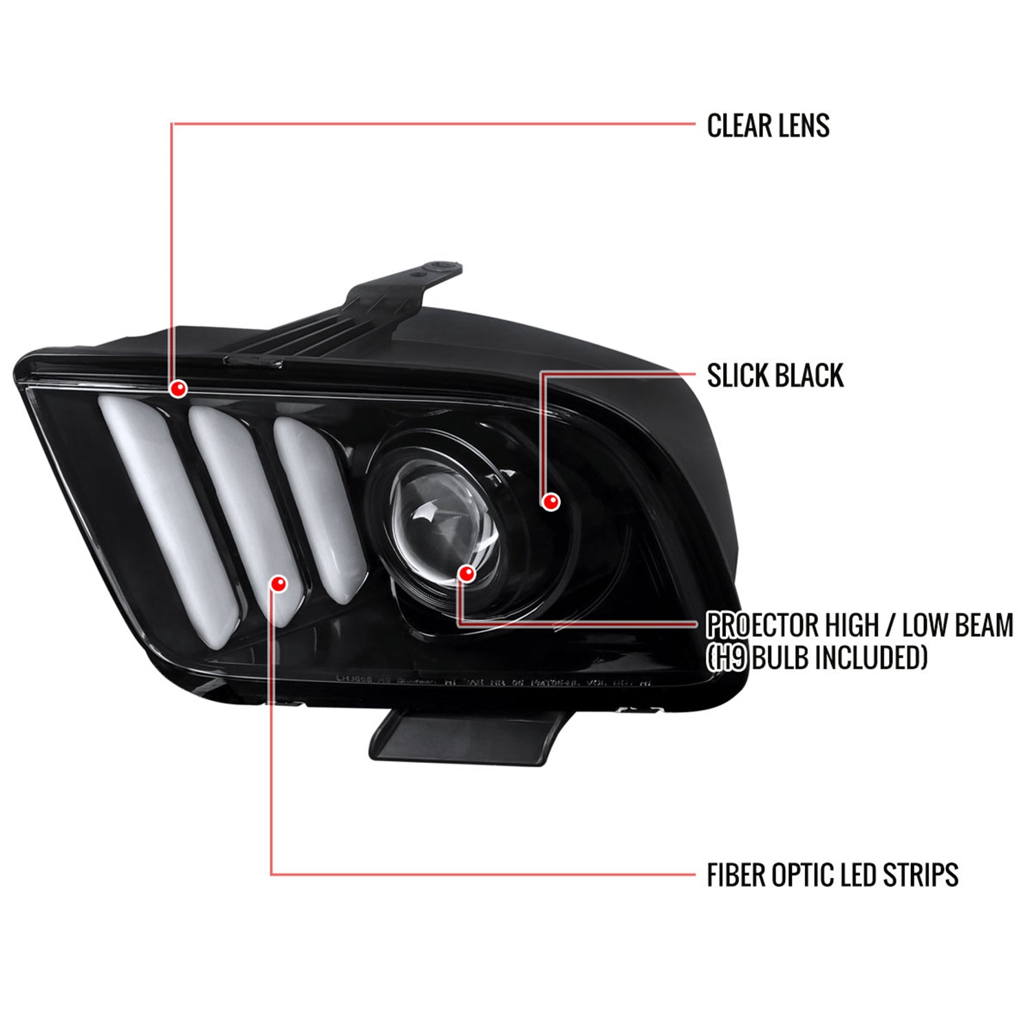 2005-2009 Ford Mustang LED Bar Projector Headlights Jet Black/Clear Lens