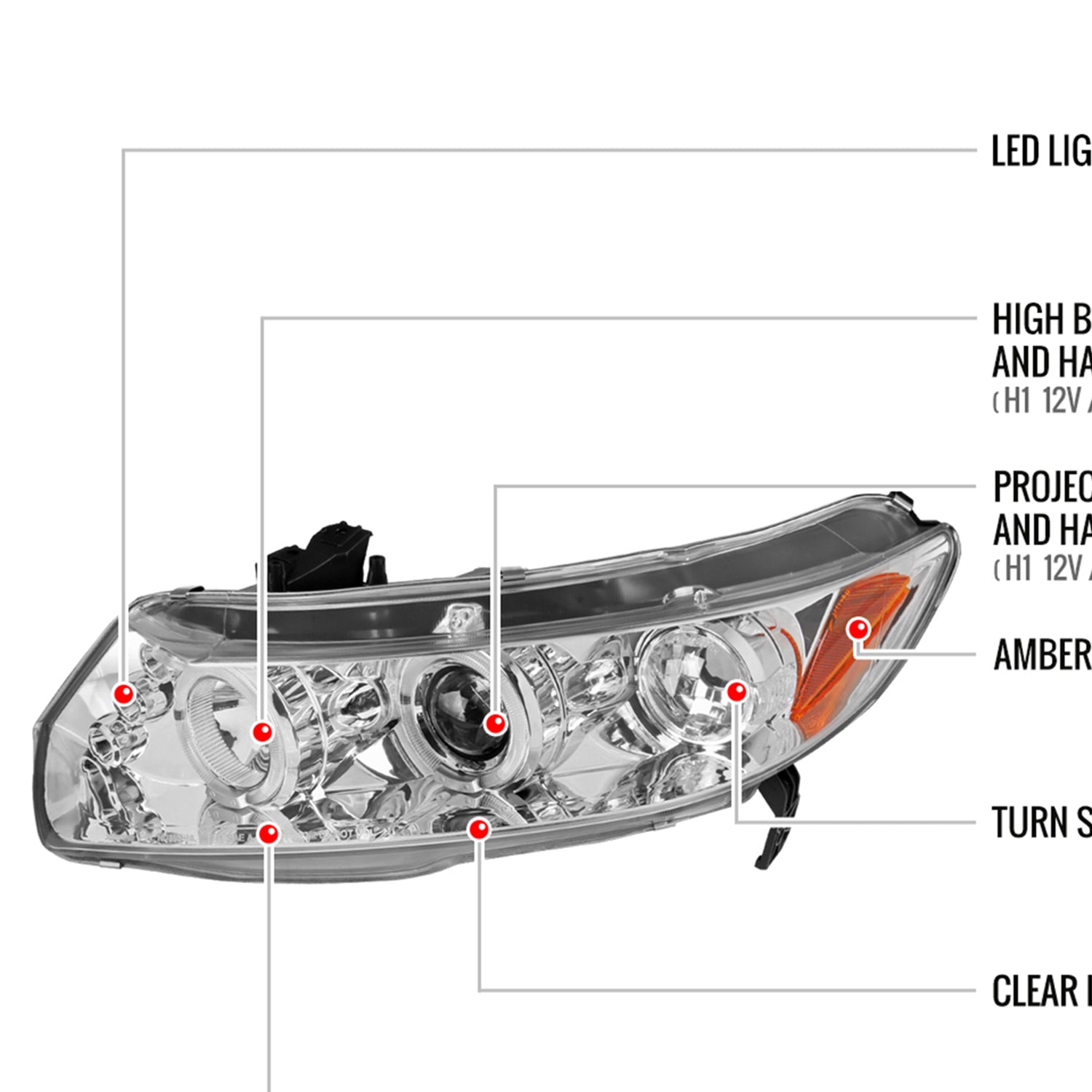 2006-2011 Honda Civic Coupe Dual Halo Projector Headlights Chrome/Clear Lens