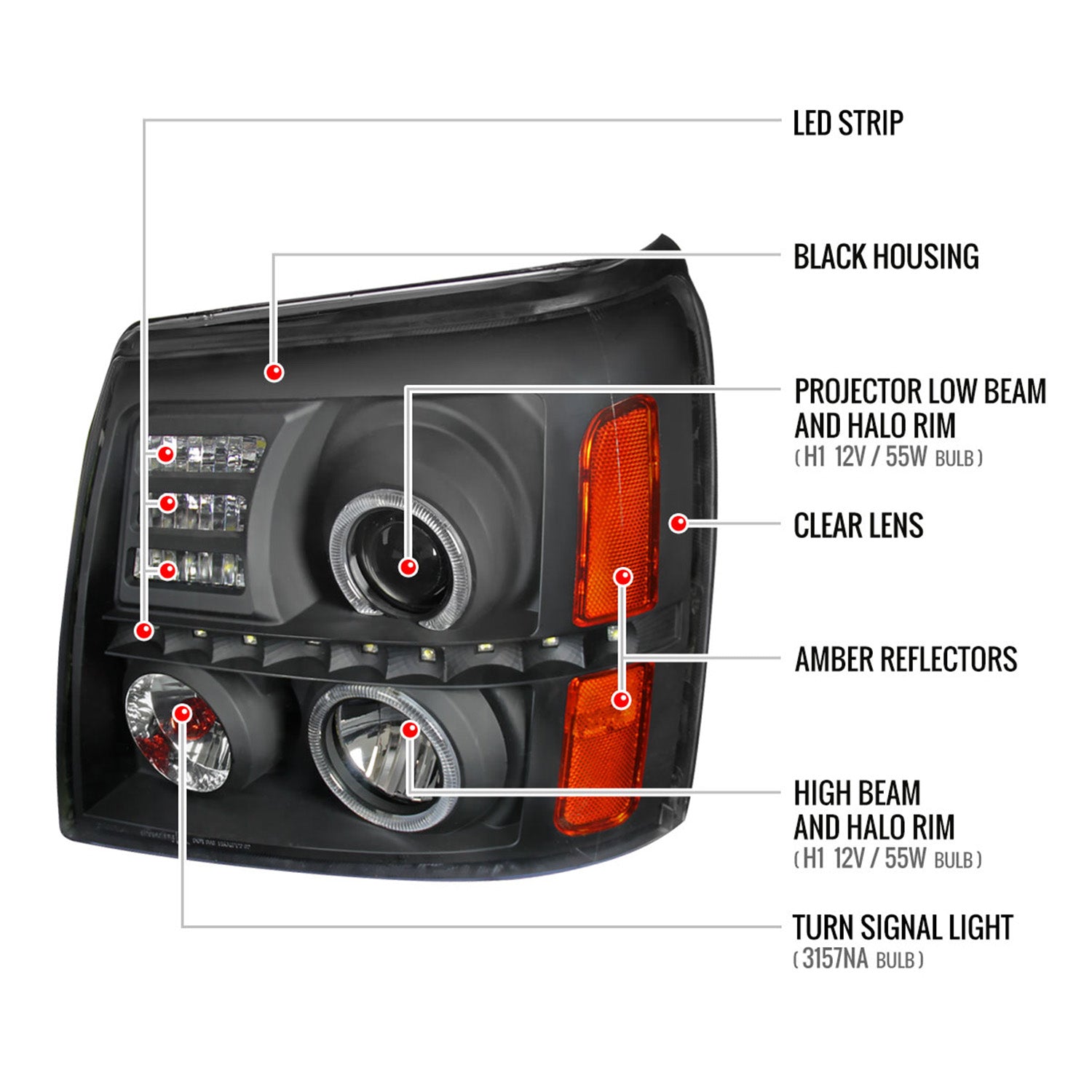 2002-2006 Cadillac Escalade Dual Halo Projector Headlights SMD LED Light Black