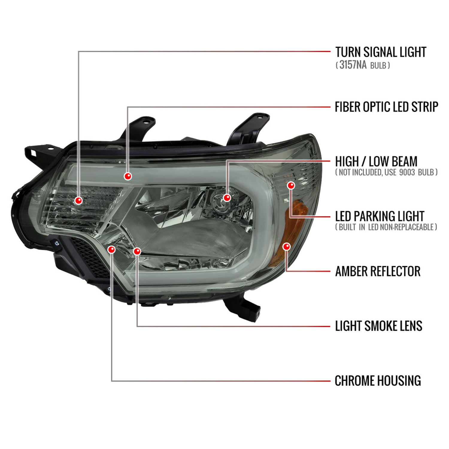 2012-2015 Toyota Tacoma LED Bar Headlights Amber Reflector Chrome/Light Smoke
