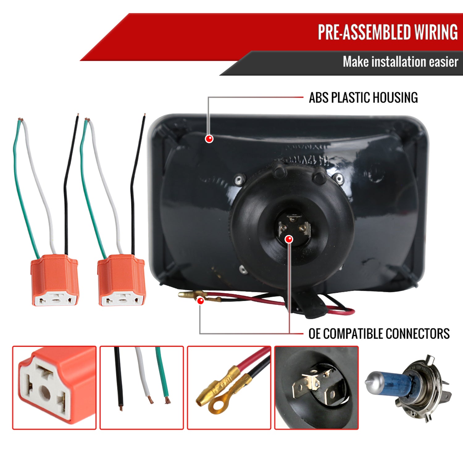 Universal 4"x6" H4 Projector Headlights Chrome Housing/Glass Lens