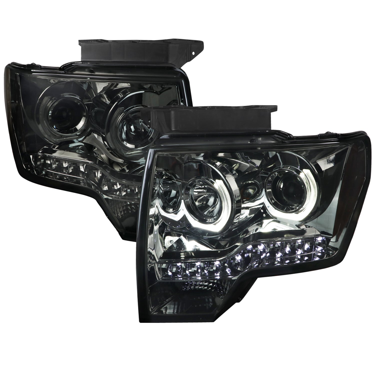 2009-2014 Ford F-150 U-Ring Halo Projector Headlights LED Light Chrome Smoke