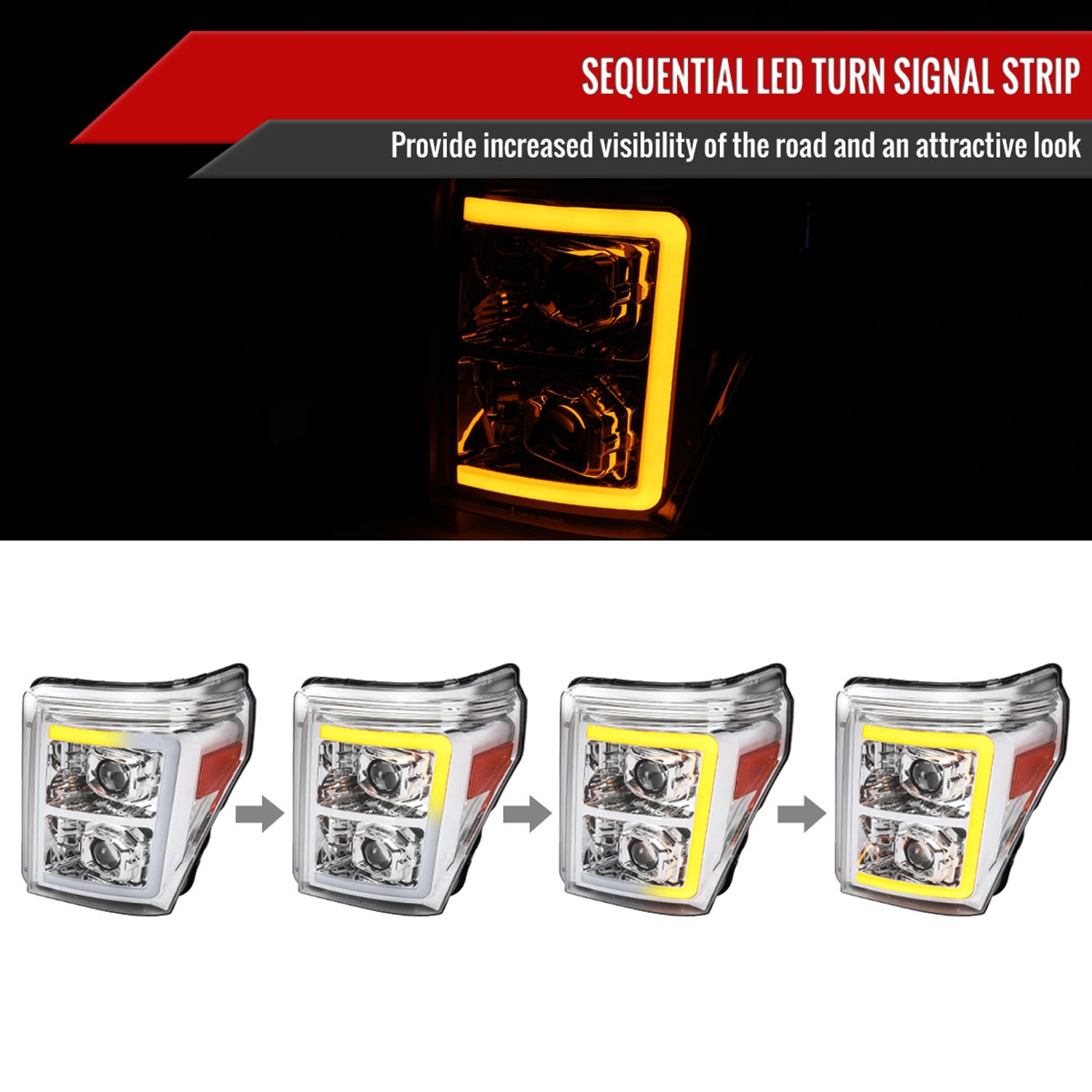 2011-2016 Ford F-250 F-350 F-450 F-550 LED CBar Projector Headlights Chrome