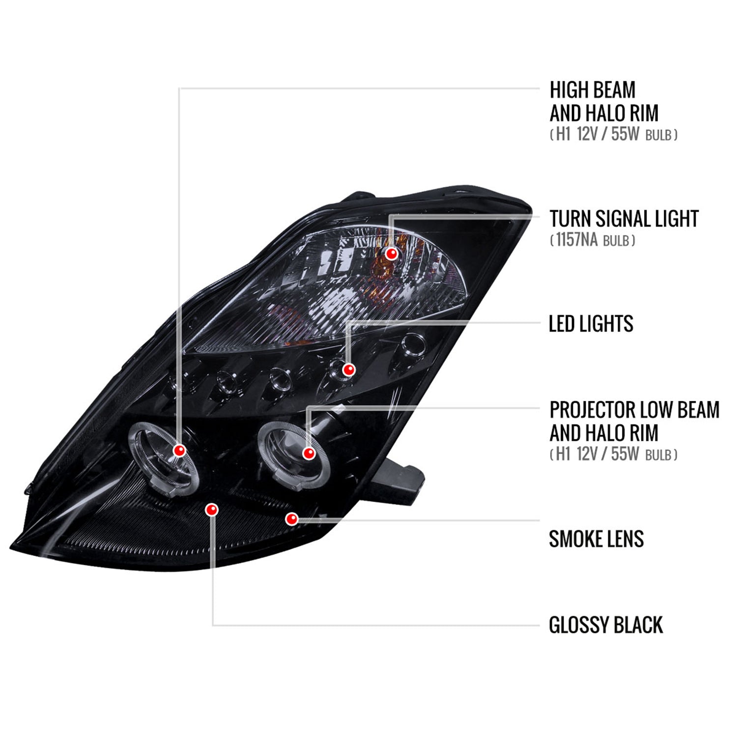 2003-2005 Nissan 350Z Dual Halo Projector Headlights Glossy Black/Smoke Lens