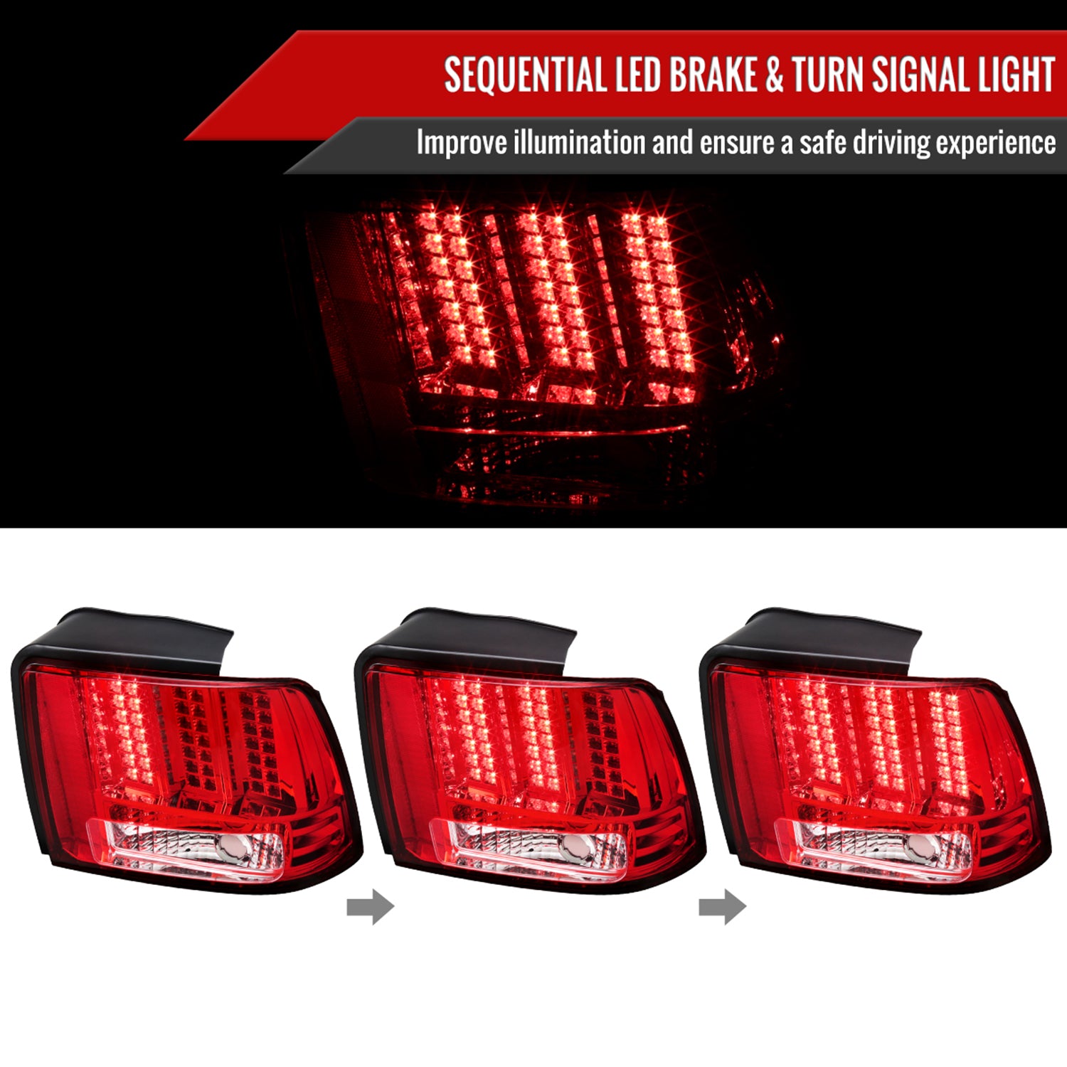 1999-2004 Ford Mustang Sequential LED Tail Lights - RS Chrome/Red Lens