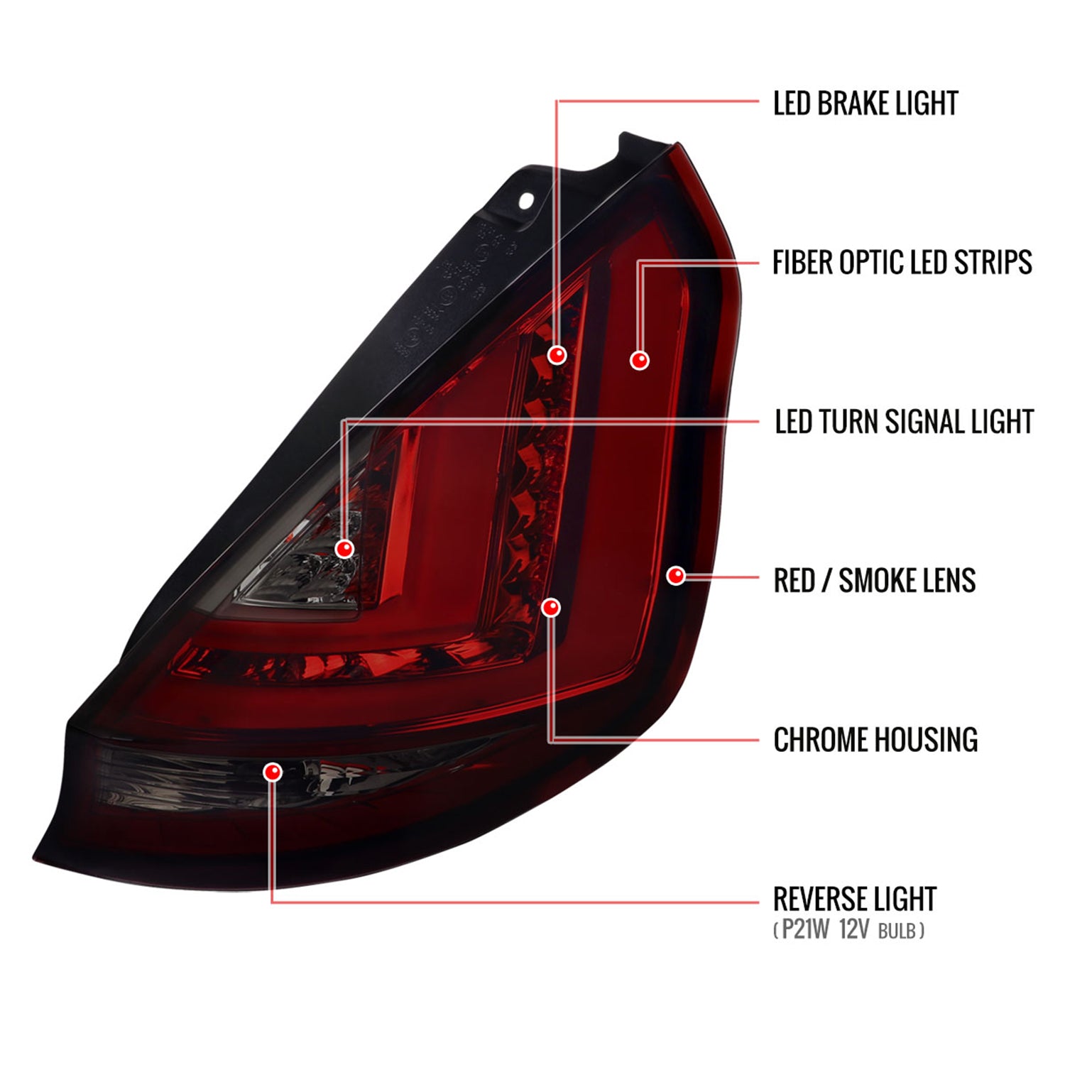 2014-2019 Ford Fiesta Hatchback LED Bar Tail Lights Chrome/Red Smoke Lens