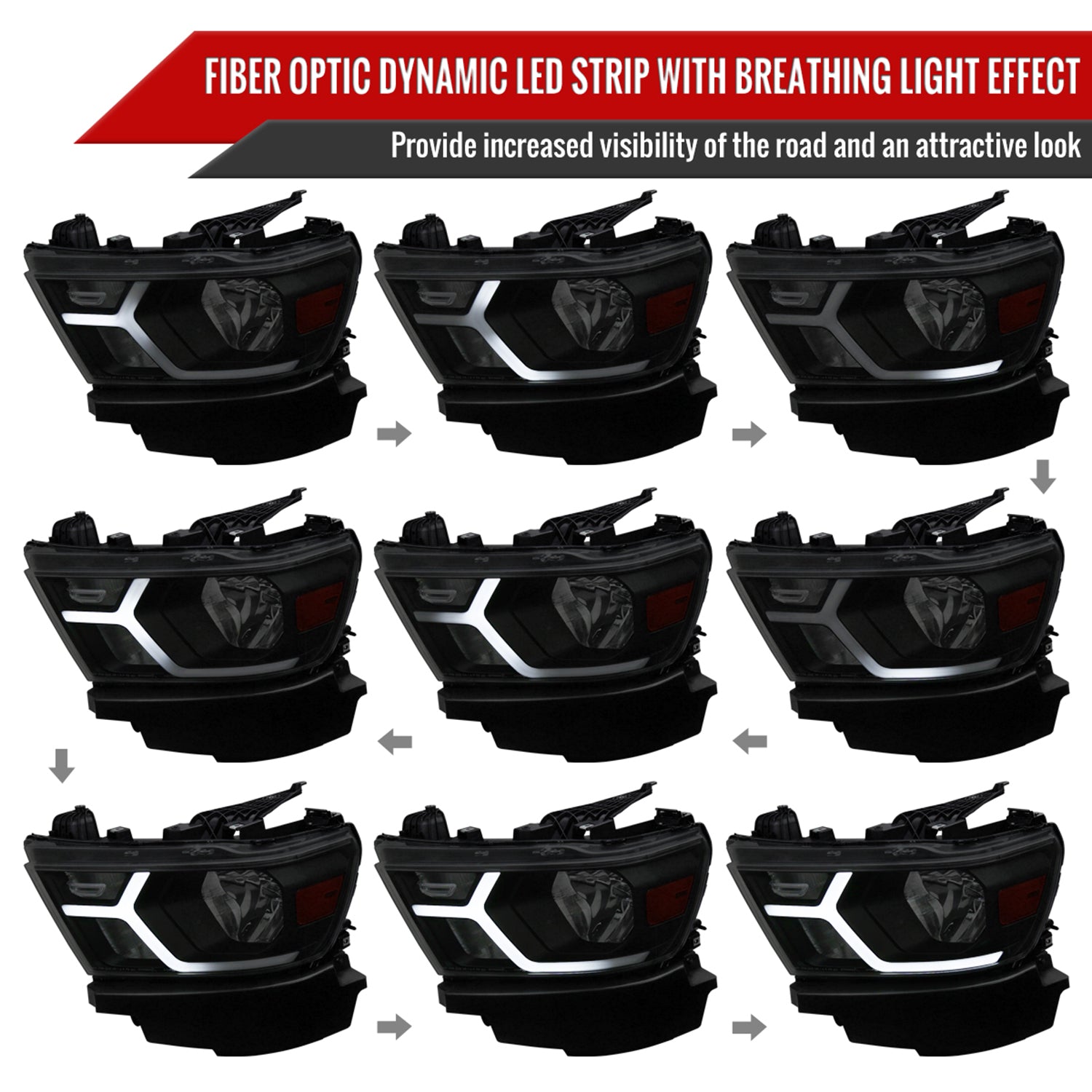 2019-2024 Dodge RAM 1500 Animated LED Bar Factory Headlights Matt Black/Smoke
