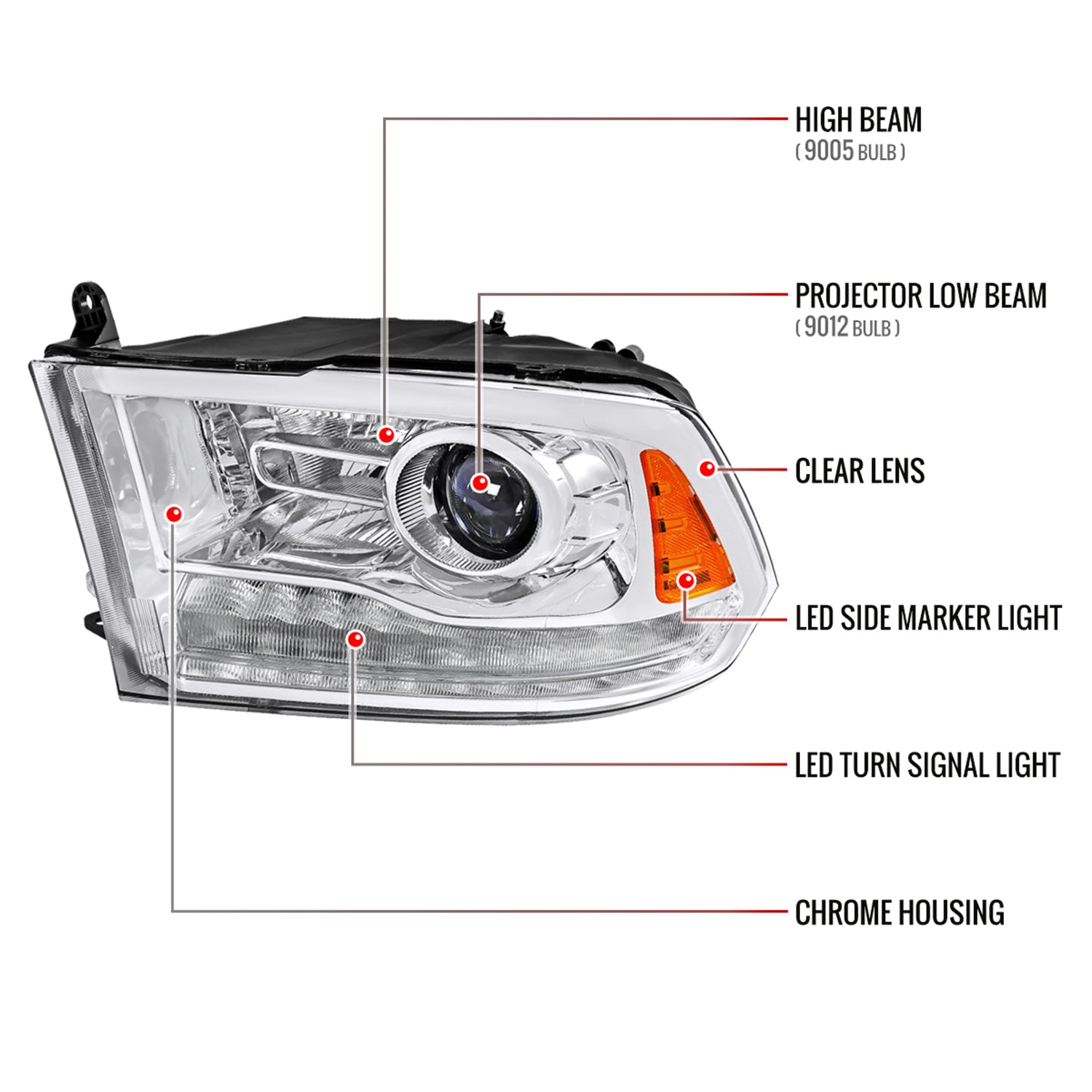 2013-2018 RAM 1500 2500 3500 LED Bar Projector Headlights Chrome/Clear Lens