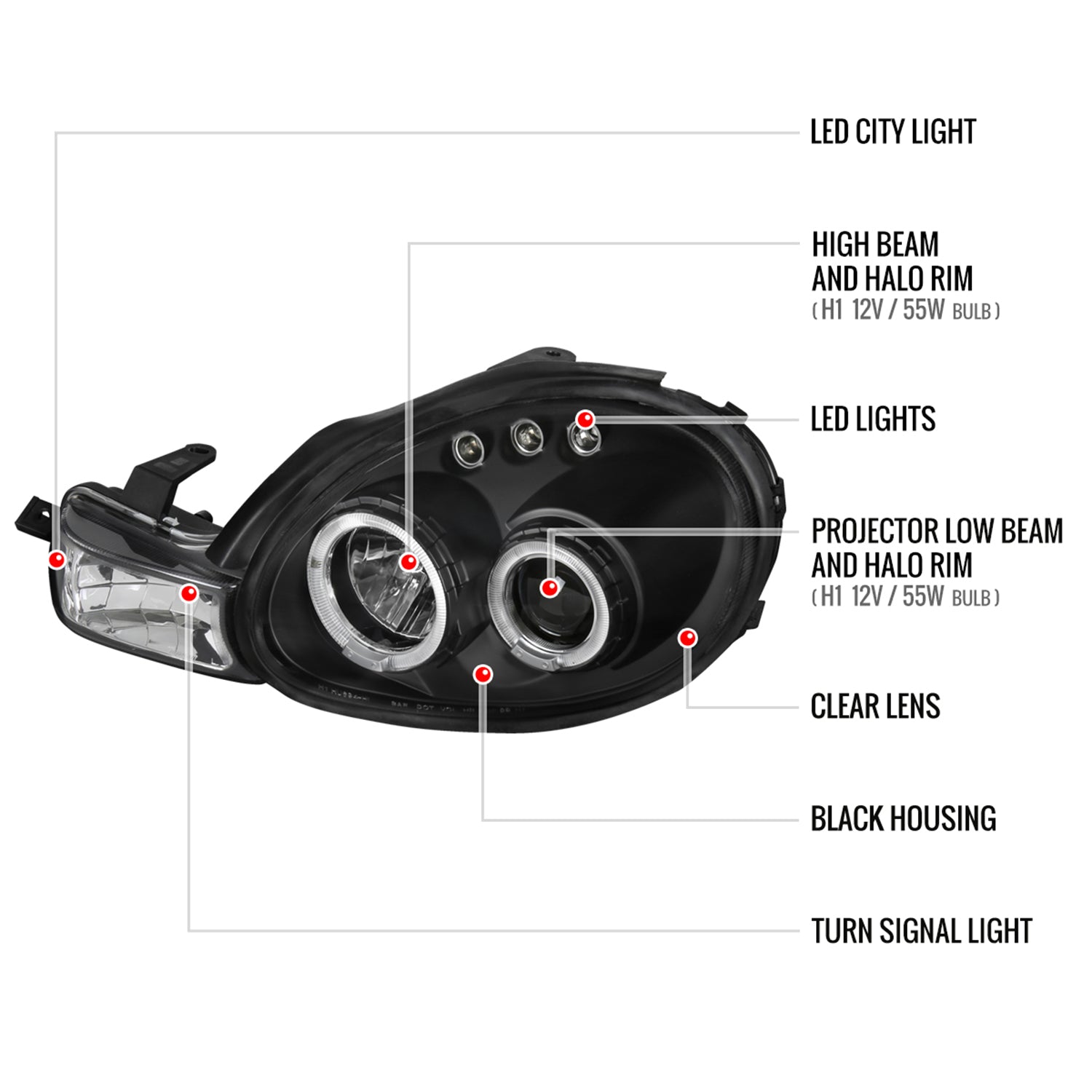 2000-2002 Dodge Plymouth Neon Dual Halo Projector Headlights Matte Black/Clear