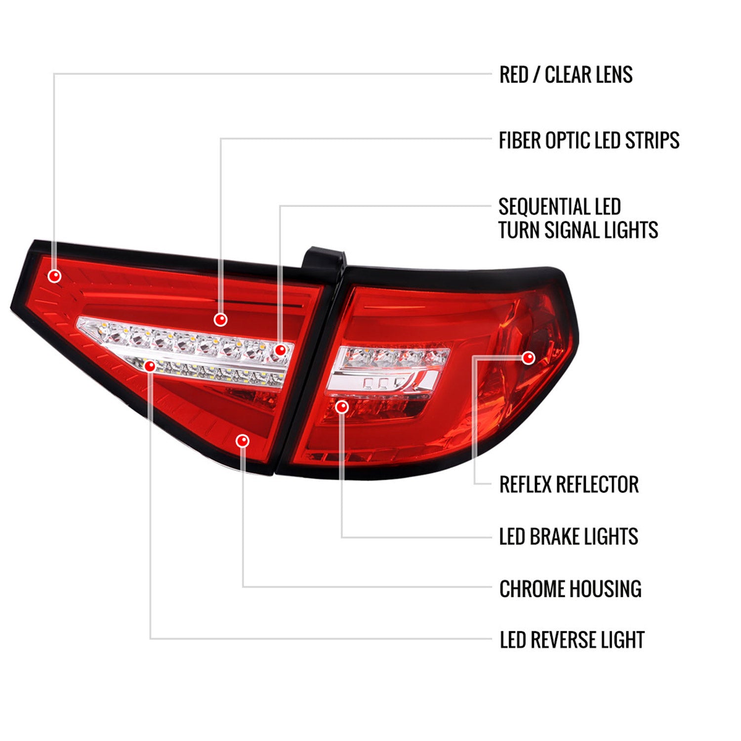 2008-2014 Subaru Impreza WRX Hatchback LED Tube Tail Lights Chrome/Red