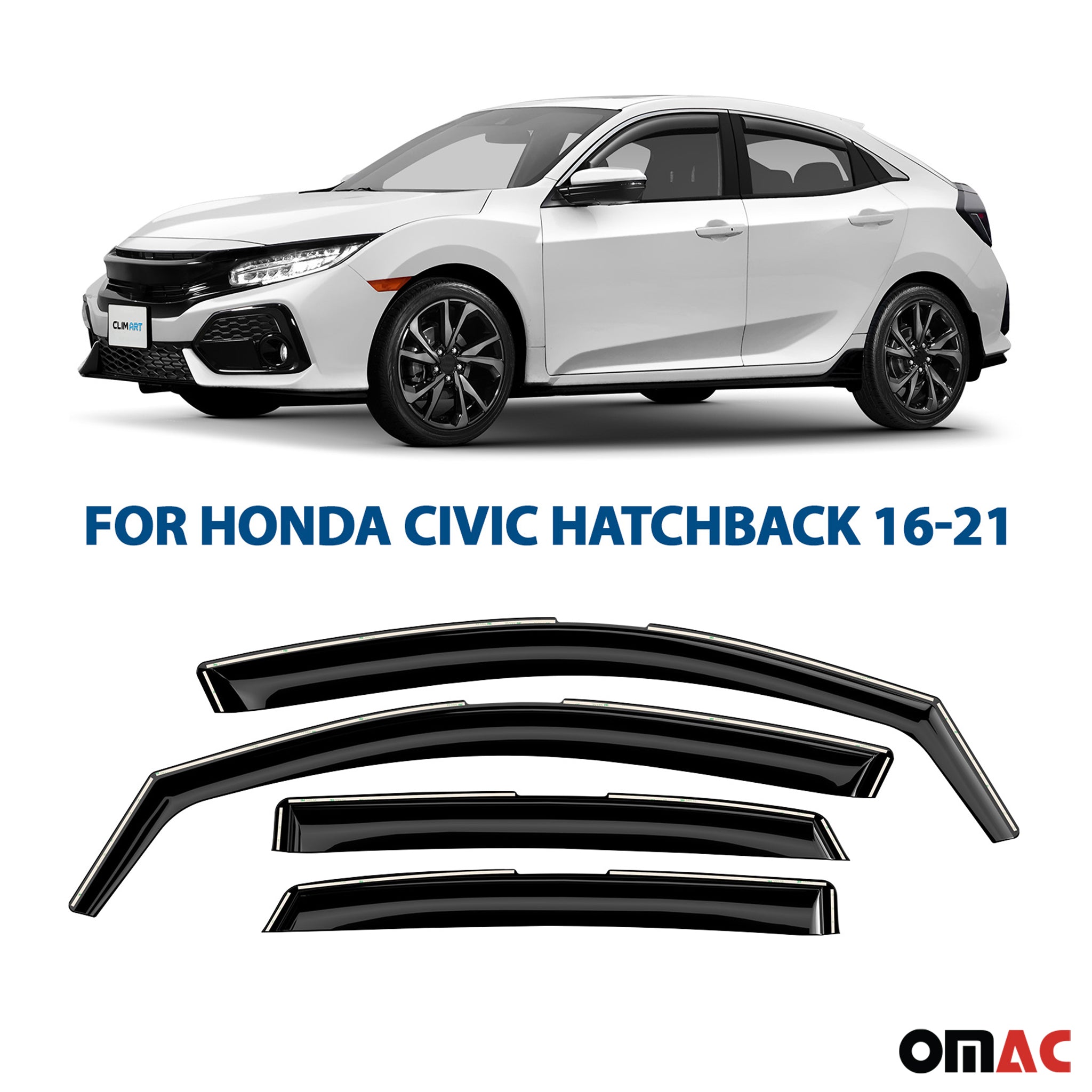 Clim Art Wind Deflectors for Honda Civic 2016-2021 Hatchback Shatterproof 4 Pcs