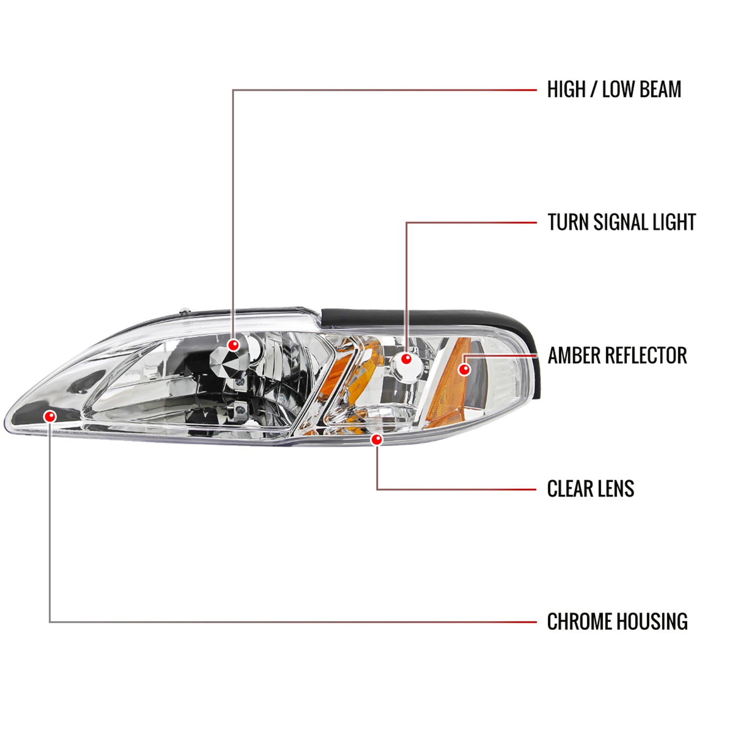 1994-1998 Ford Mustang 1PC Crystal Headlights w/Amber Reflectors Chrome/Clear
