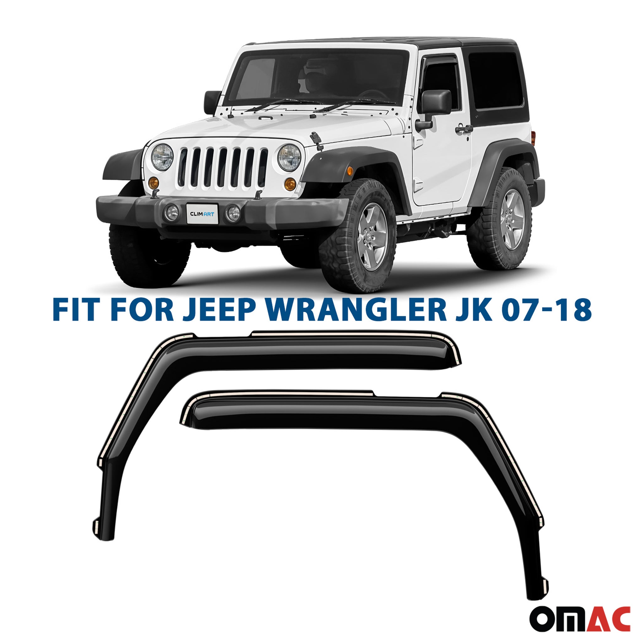 Clim Art Wind Deflectors for Jeep Wrangler JK 2-door 2007-2018 Shatterproof 2x