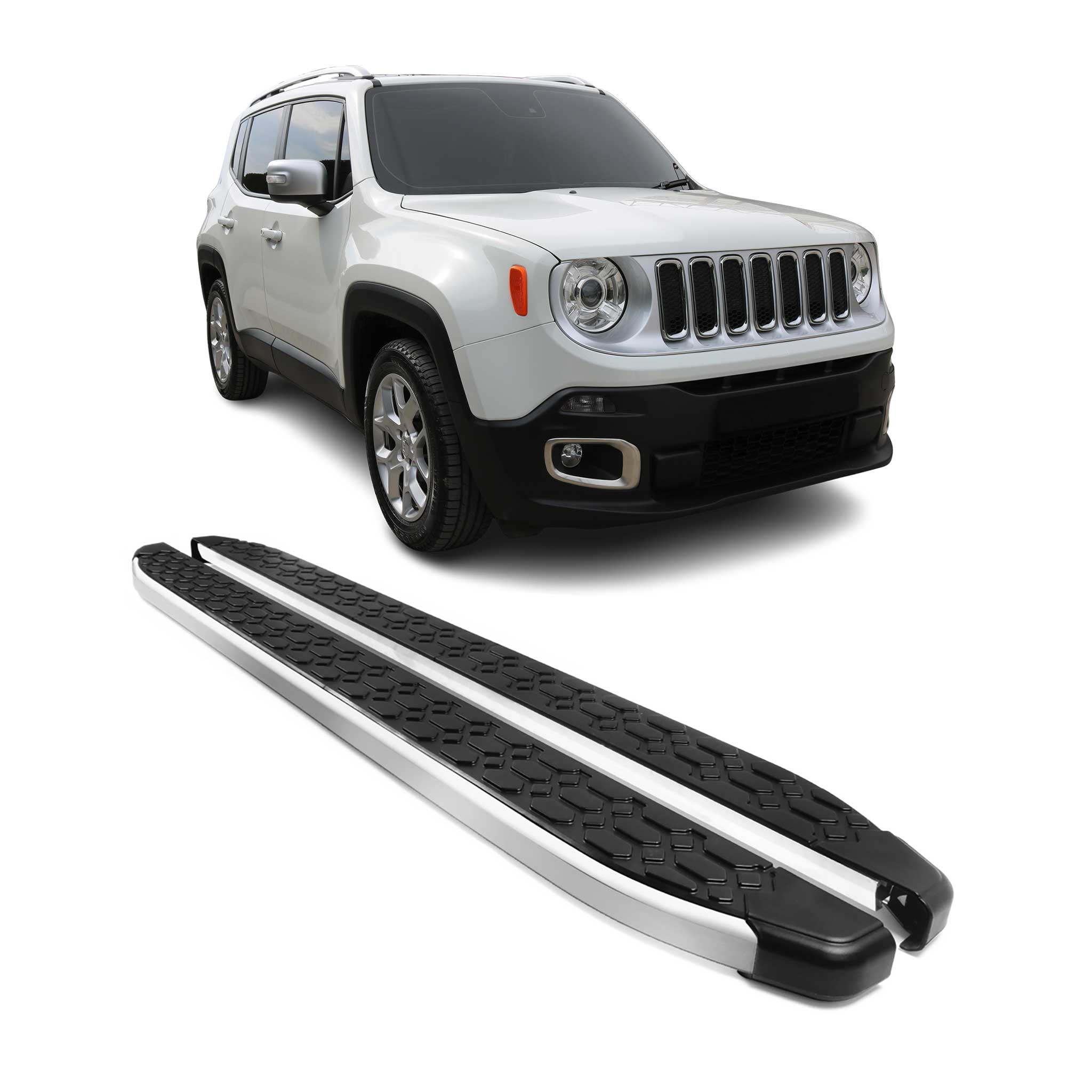 2015-2023 Jeep Renegade Running Board Side Steps Nerf Bar Silver & Black 2Pcs