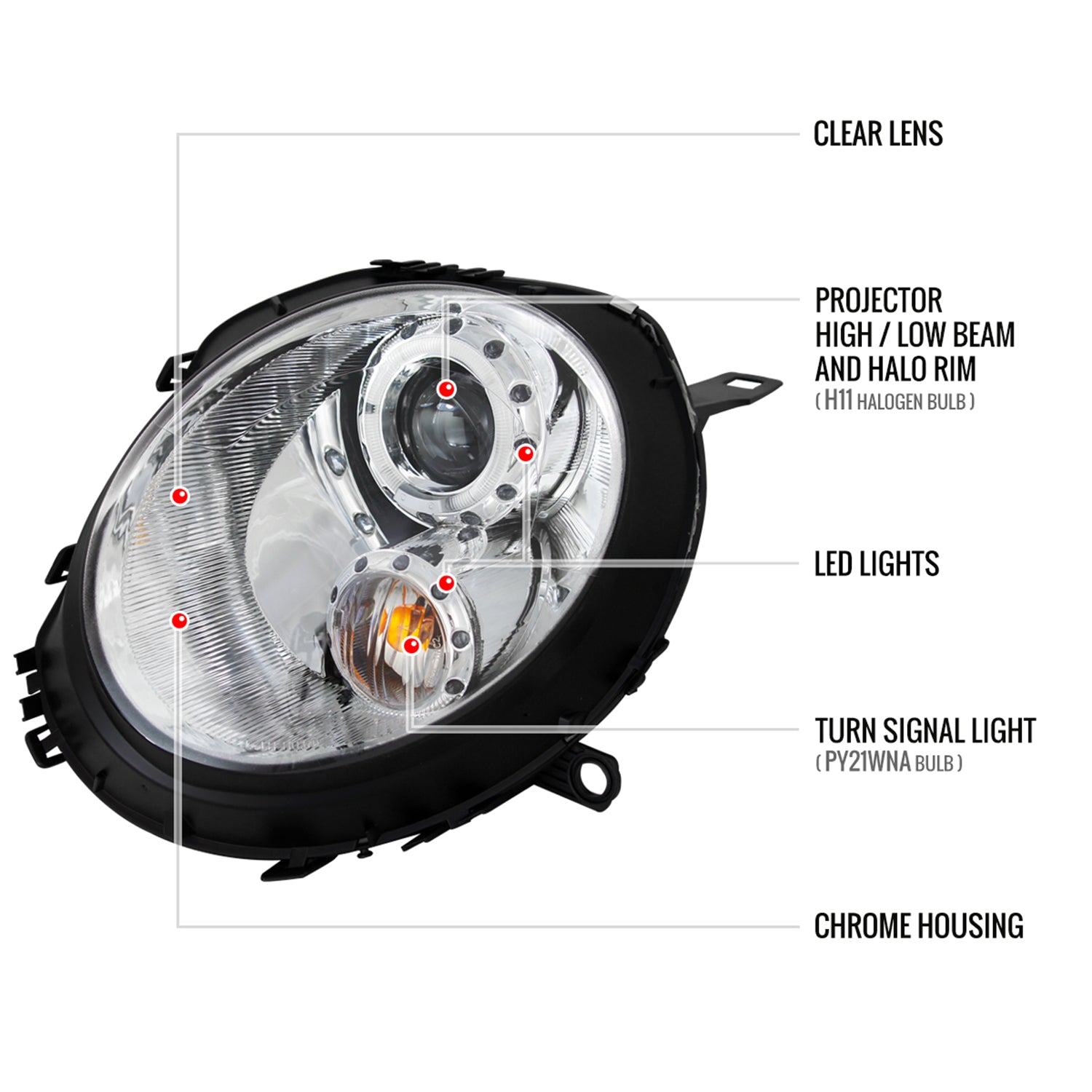 2007-2015 Mini Cooper R55 R56 R57 R58 R59 Single Halo Headlights Chrome