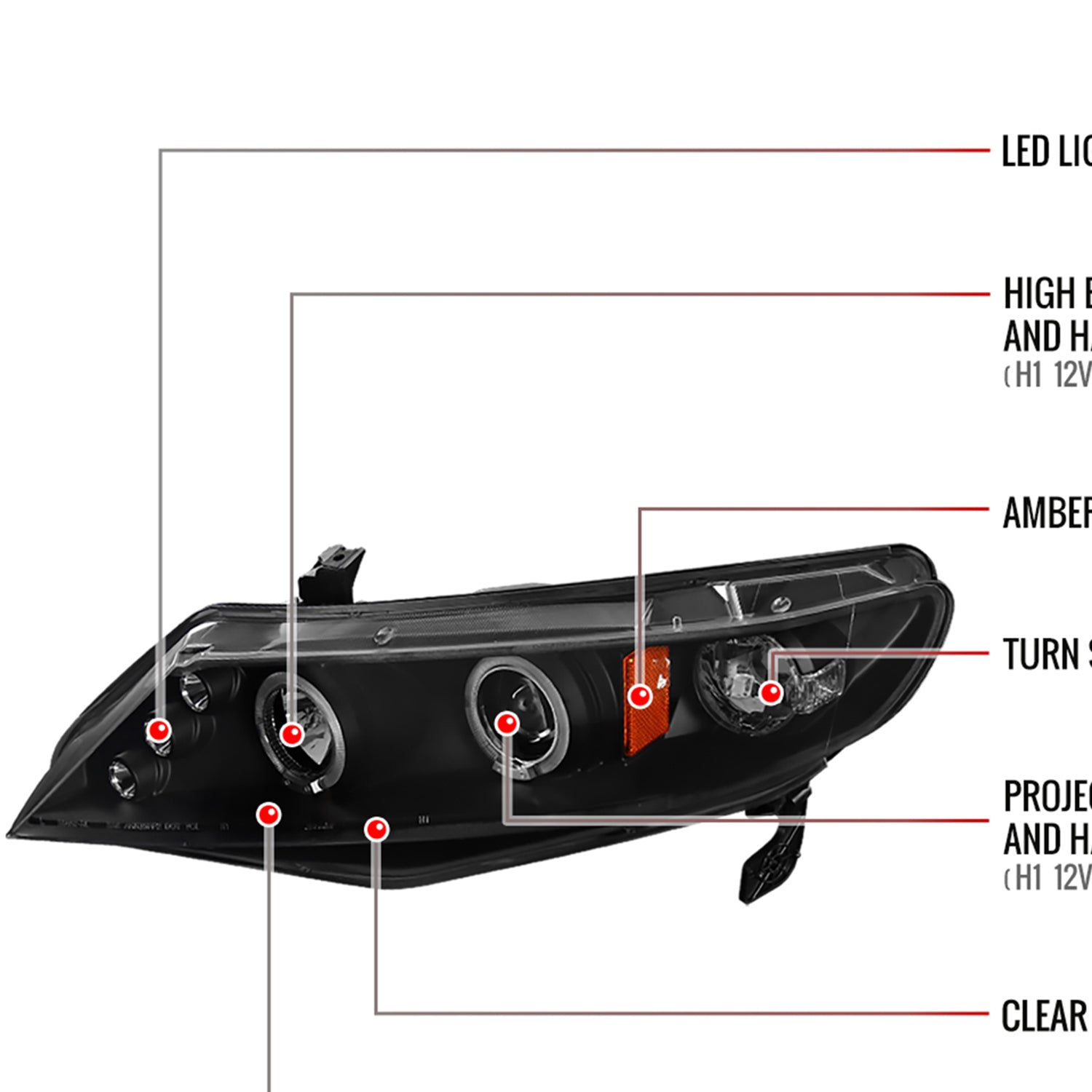 2006-2011 Honda Civic Sedan Dual Halo Projector Headlights Matte Black/Clear