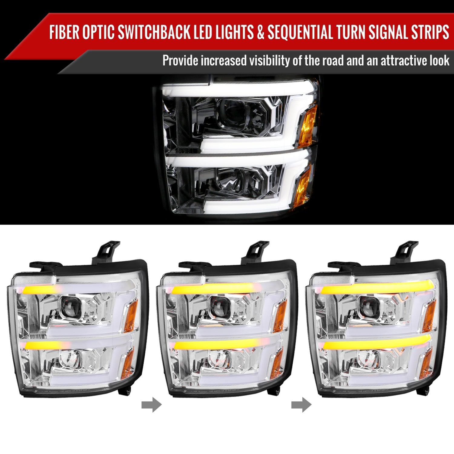 2015-2019 Chevy Silverado 2500HD/3500HD LED Signal Projector Headlights Chrome