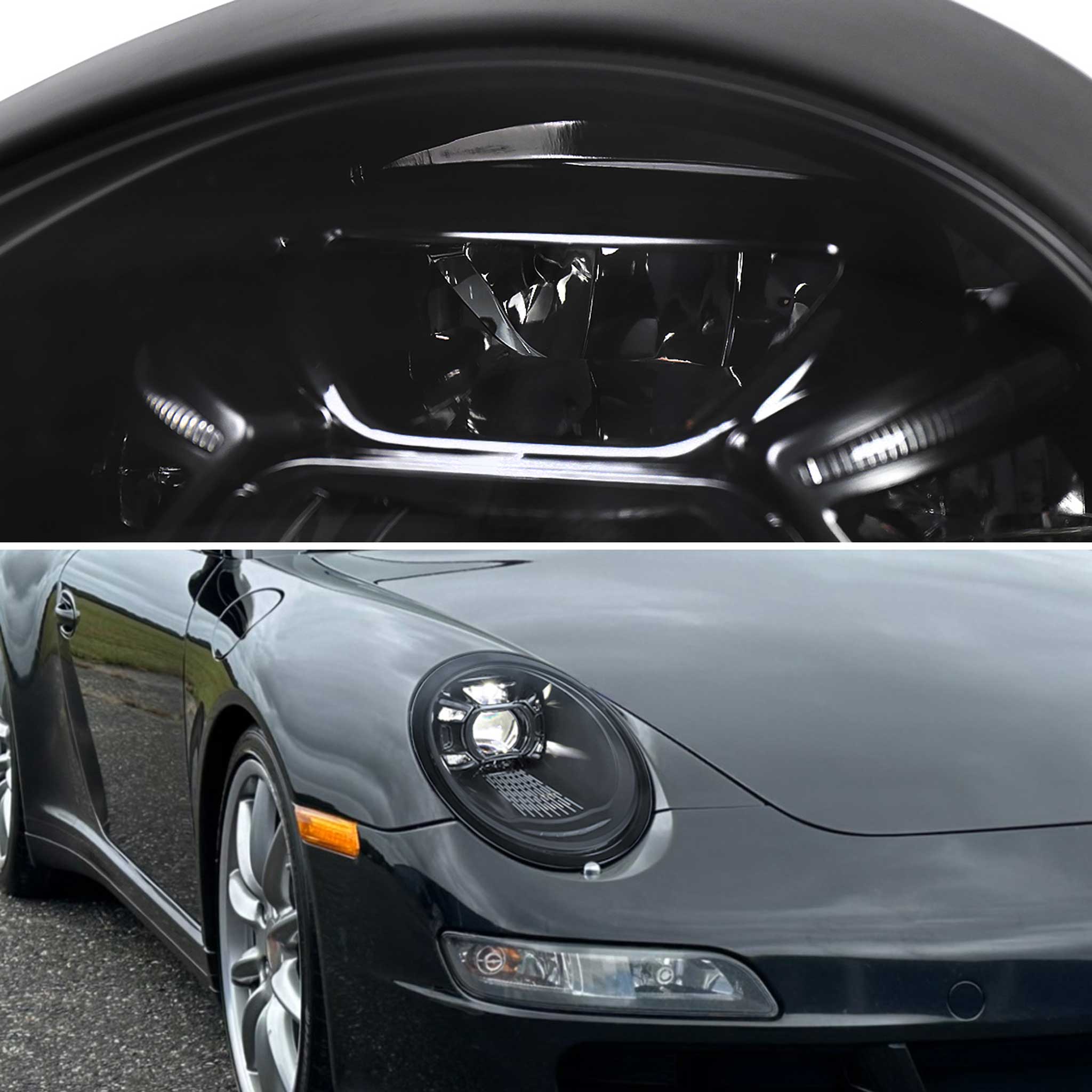 For Porsche 911 997.1 2005-2008 LED Projector DRL Headlights Matte Black Housing Glossy Black Accents Clear Lens