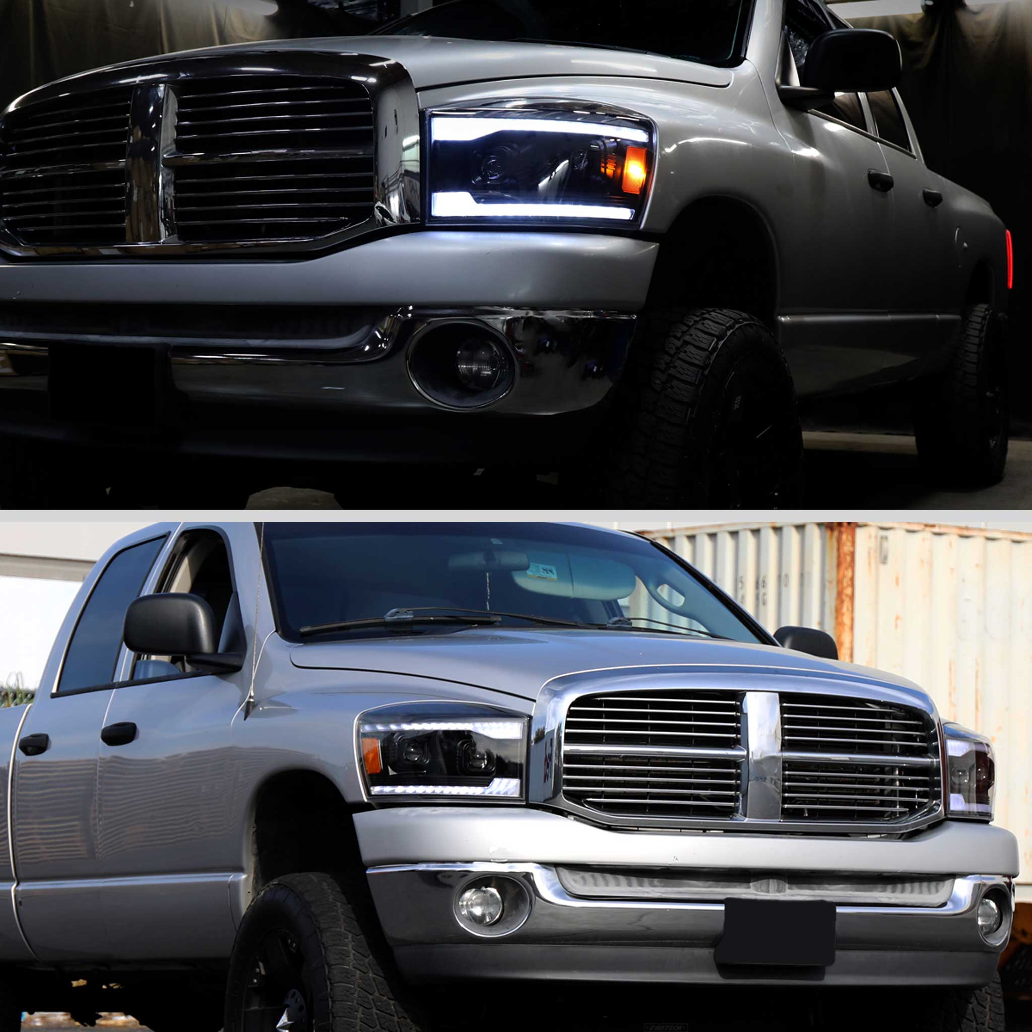 For Dodge RAM 1500 2006-08 / RAM 2500 3500 2006-09 Headlights LED Strip Turn Signal DRL Startup Animation Black Housing Smoked Lens