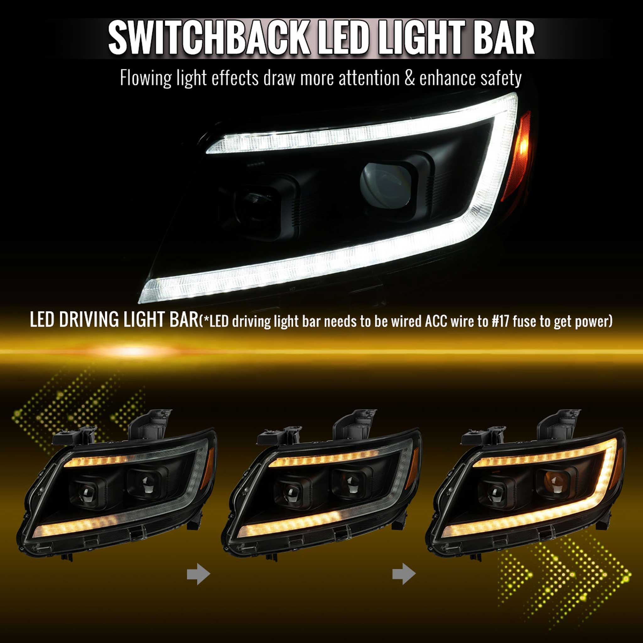 For Chevrolet Colorado 2015-2022 Headlights LED DRL Light Strip Turn Signal Side Marker Black Housing Smoked Lens