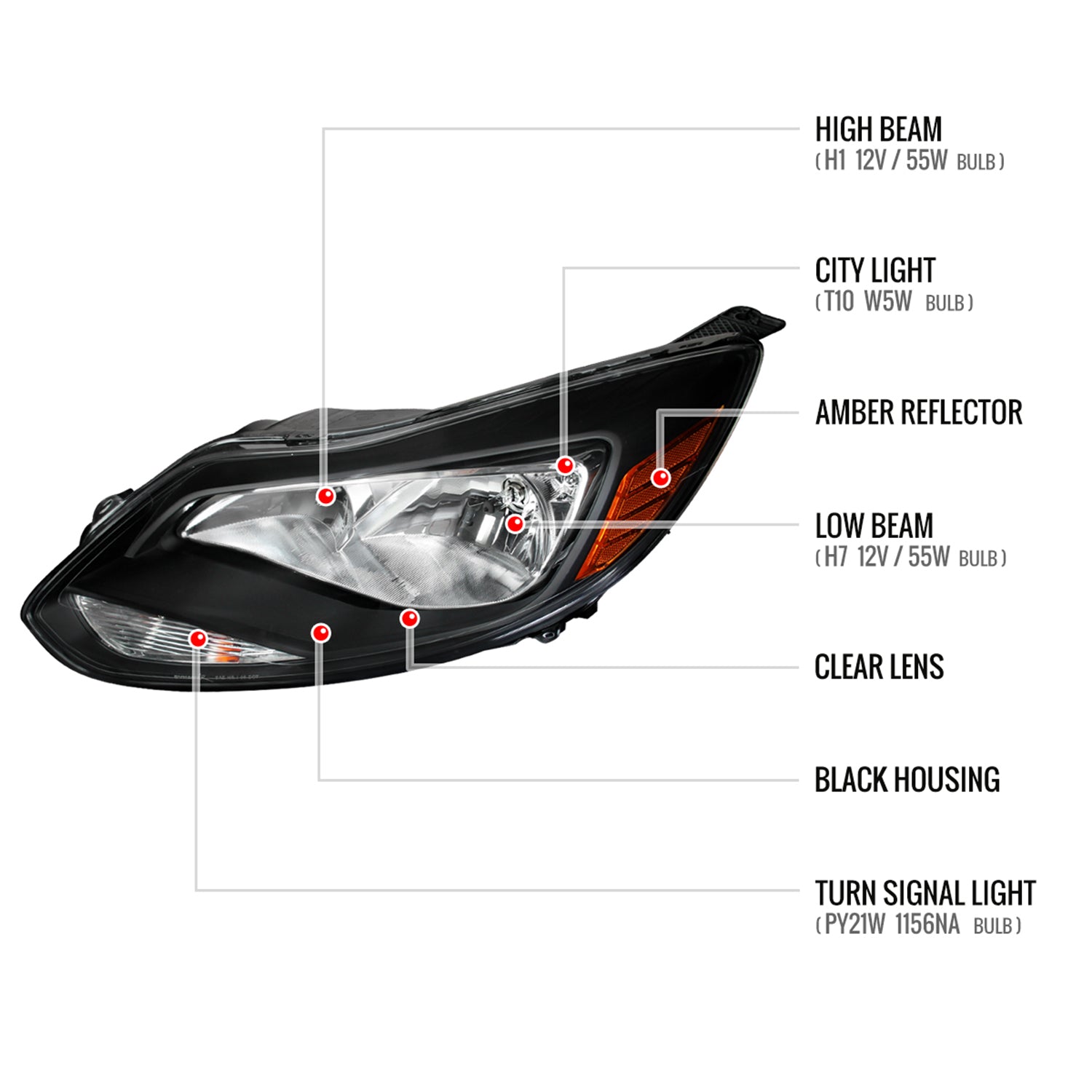 2012-2014 Ford Focus Factory Headlights w/Amber Reflectors Matt Black/Clear