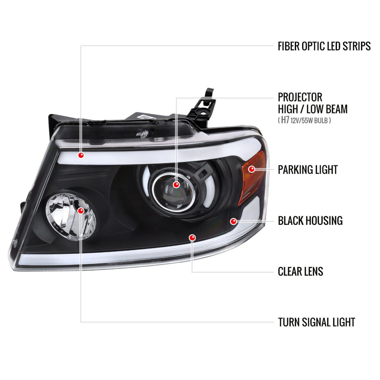 2004-2008 Ford F-150/06-2008 Lincoln Mark LT LED Tube Projector Headlights Black