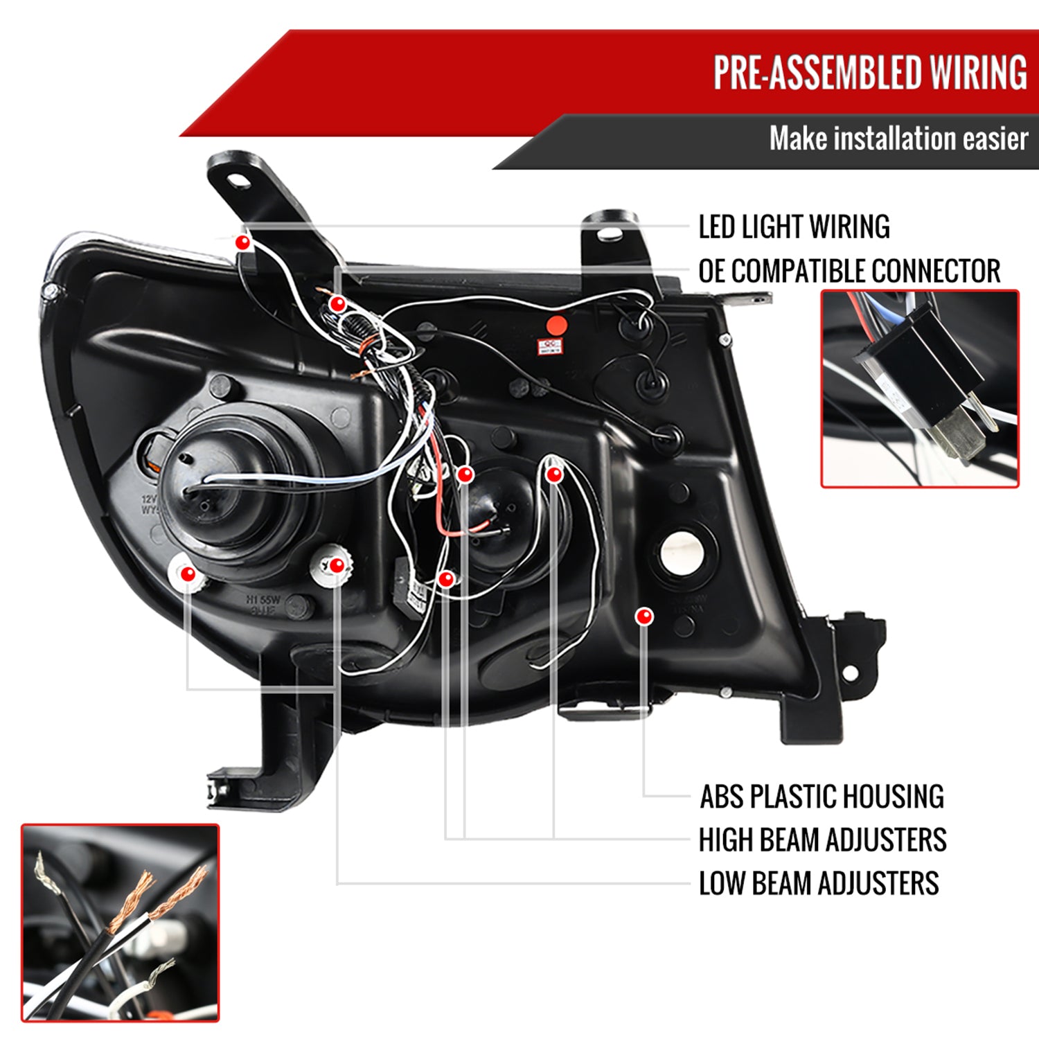 2005-2011 Toyota Tacoma Dual Halo Projector Headlights Matte Black/Clear Lens