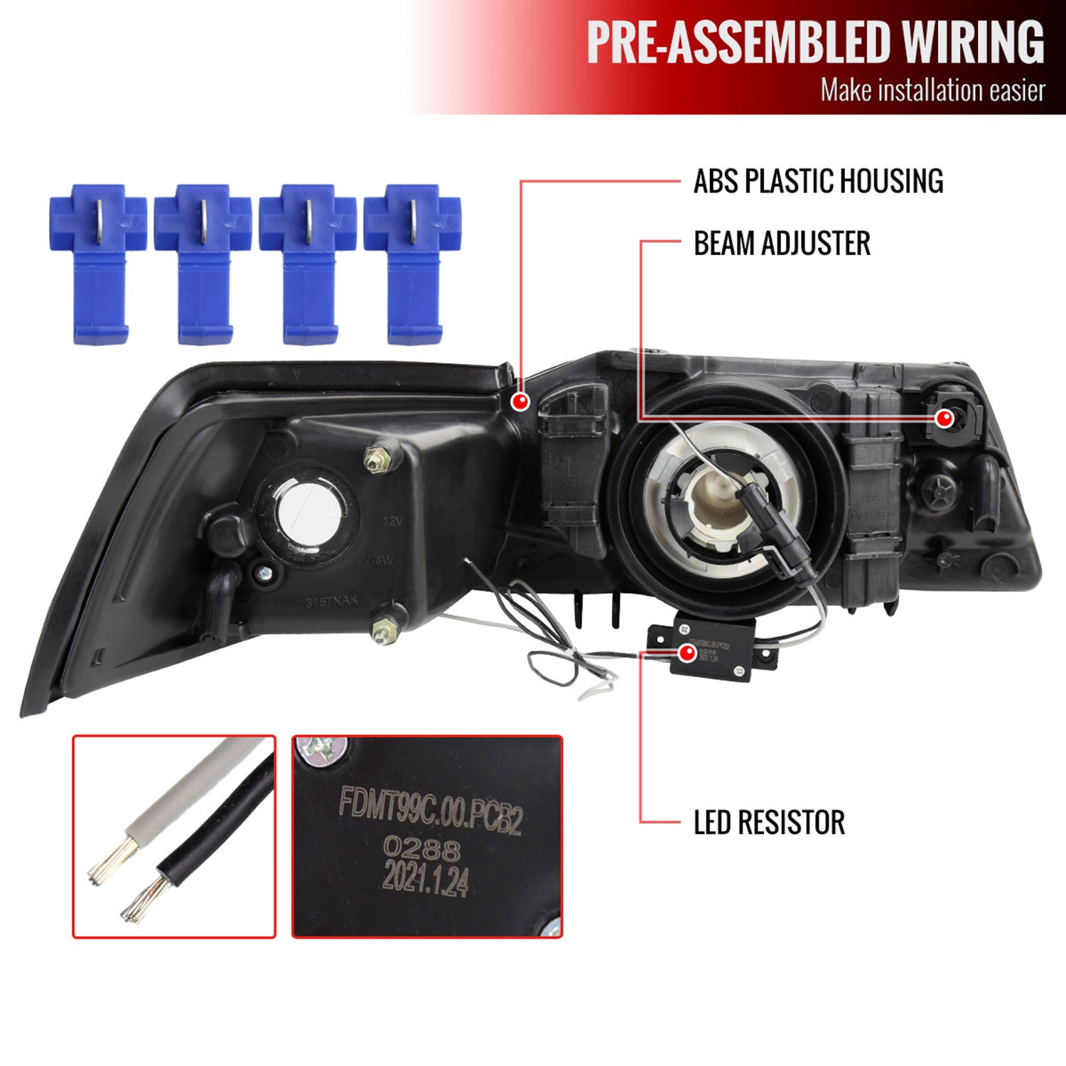 1999-2004 Ford Mustang LED Bar Factory Headlights Amber Reflector Chrome