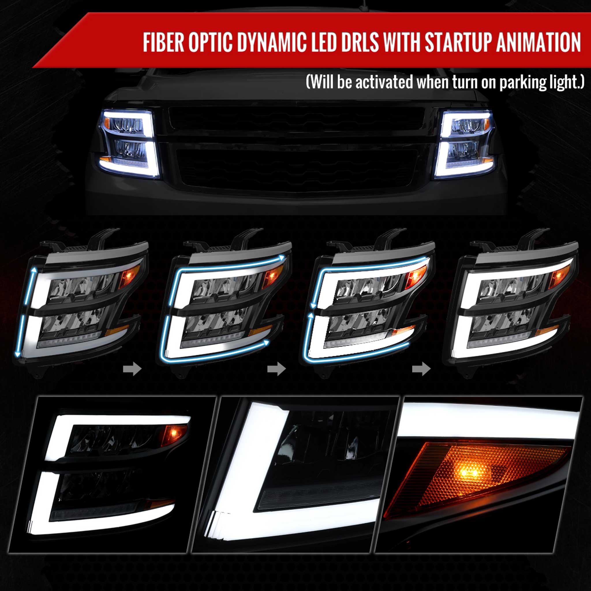 For Chevrolet Tahoe 2015-2020 Full LED DRL Sequential Headlights Matte Black Housing Clear Lens