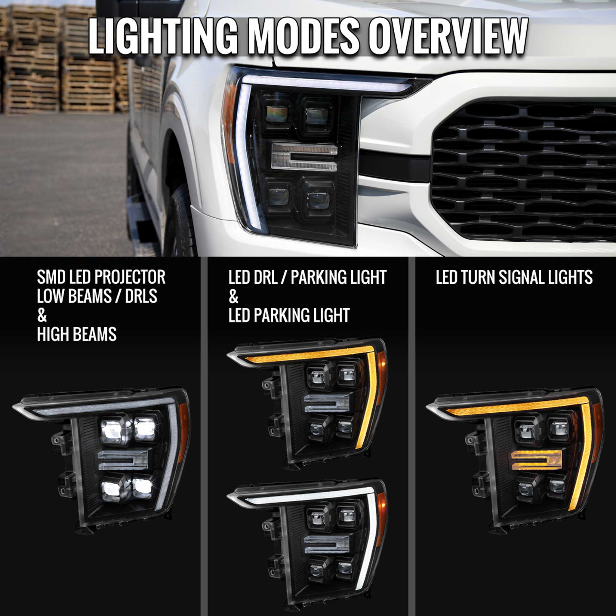 For Ford F-150 2021-2023 Full LED Projector Headlights Sequential DRL Black Clear Halogen Fit